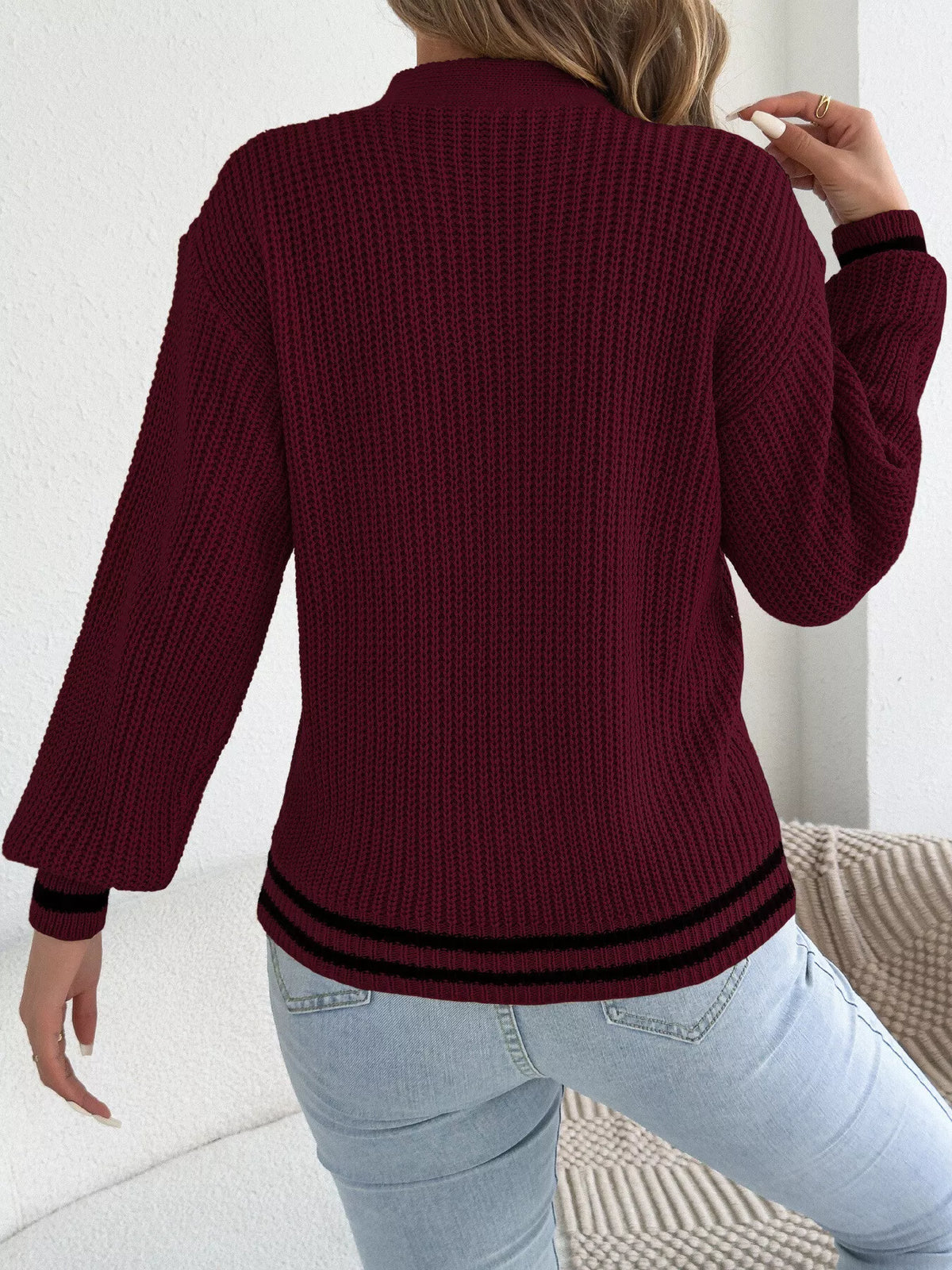 Cutout Cable Knit Sweater - Burgundy - View 7