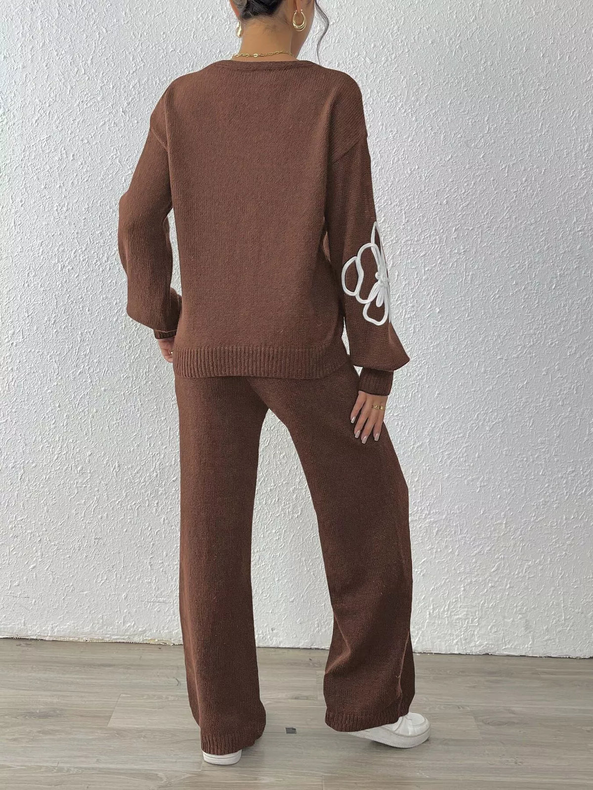 V-Neck Dropped Shoulder Top and Pants Sweater Set - Brown - View 6