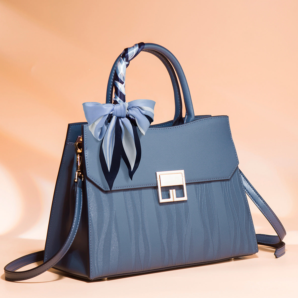 Scarf Decor Leather Handbag - Blue - View 7
