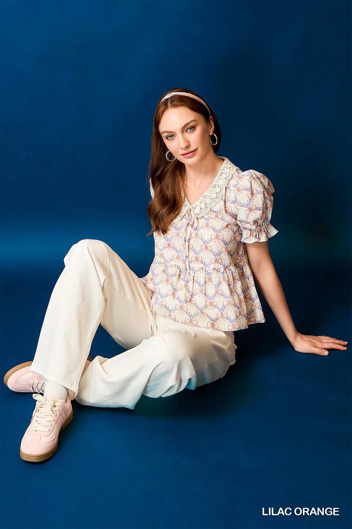 Umgee Lace Detail Bow Print Flounce Sleeve Blouse - LILAC/ORANGE - View 4