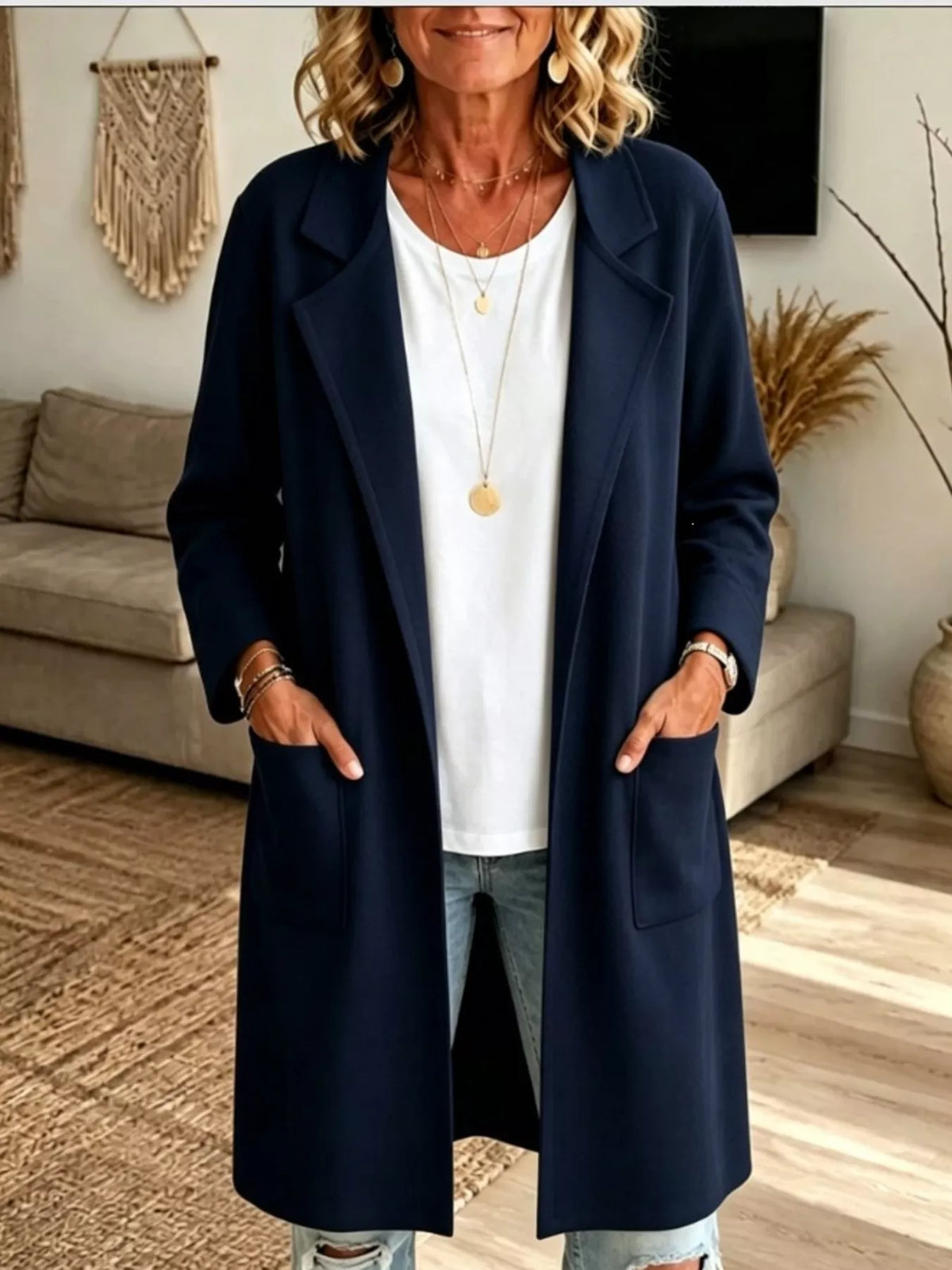 Full Size Open-Front Longline Knit Outerwear Plus Size - Navy Blue - View 8