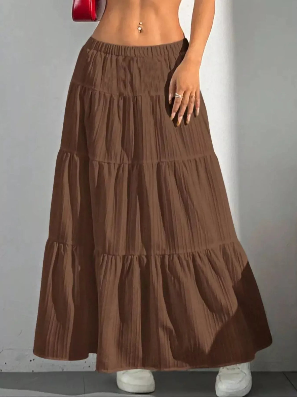 Flowy Tiered Maxi Skirt - Brown - View 14