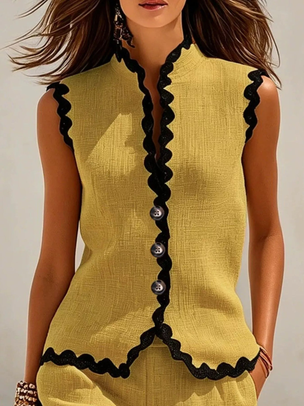Full Size Scalloped Trim Sleeveless Vest and Shorts Two-Piece Set Plus Size - Yellow - View 2