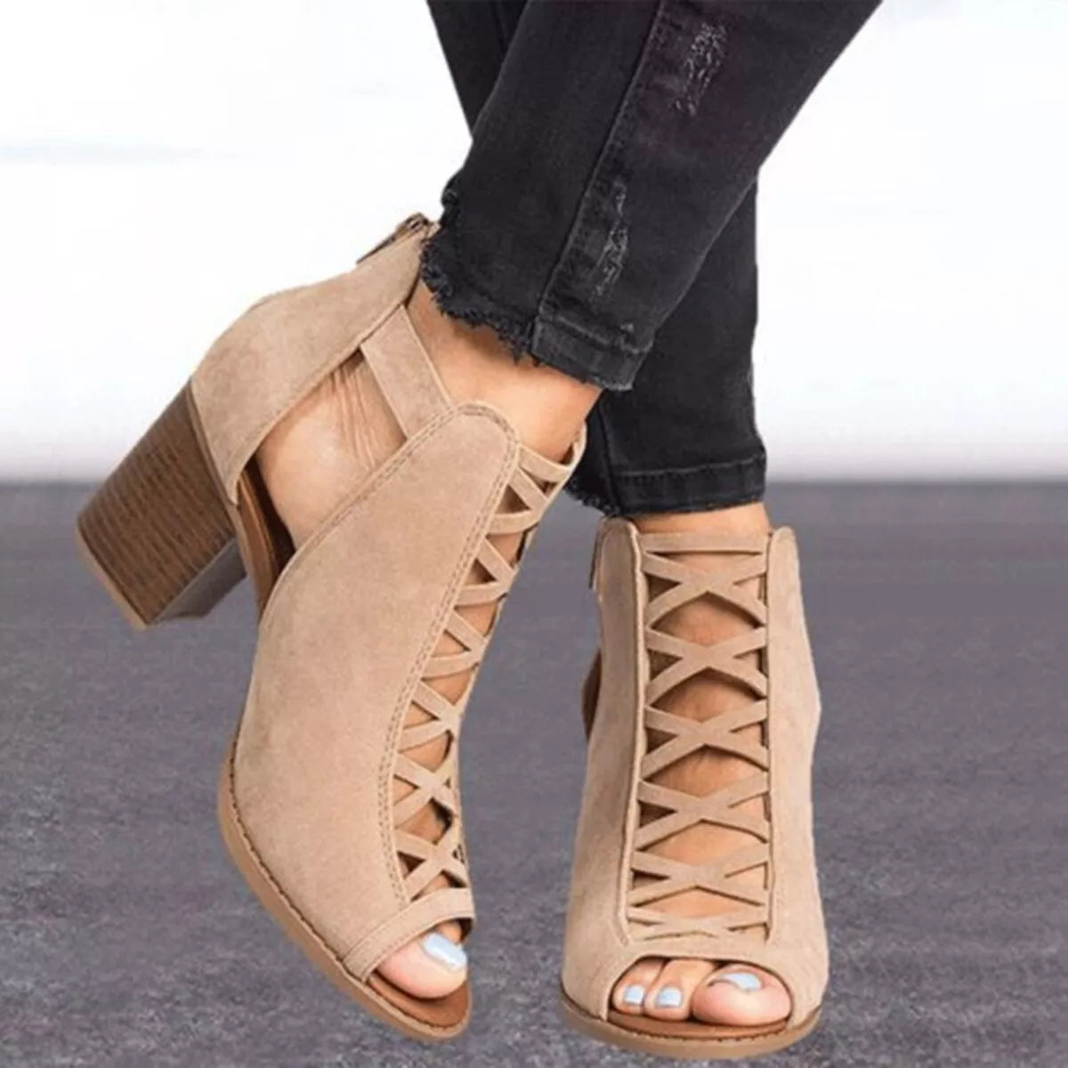 Peep Toe Block Heels Sandals - Apricot - View 2