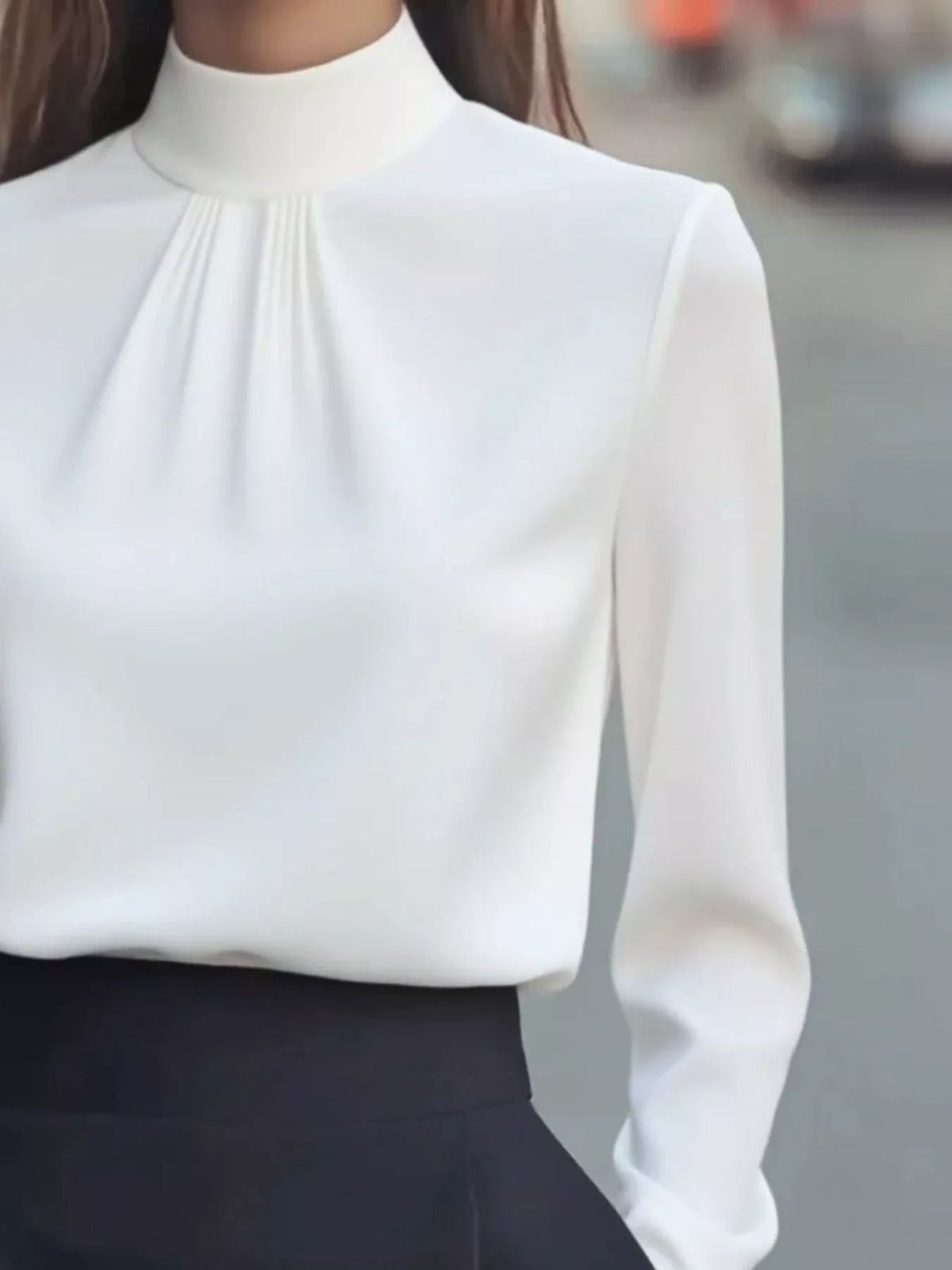 Mock Neck Long Sleeve Blouse with Pleated Detail - White - View 12