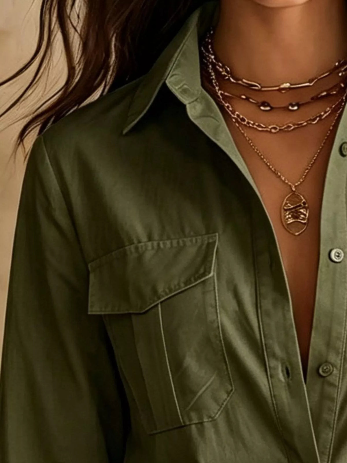 Button-Down Shirt Dress with Lace Trim - Army Green - View 2