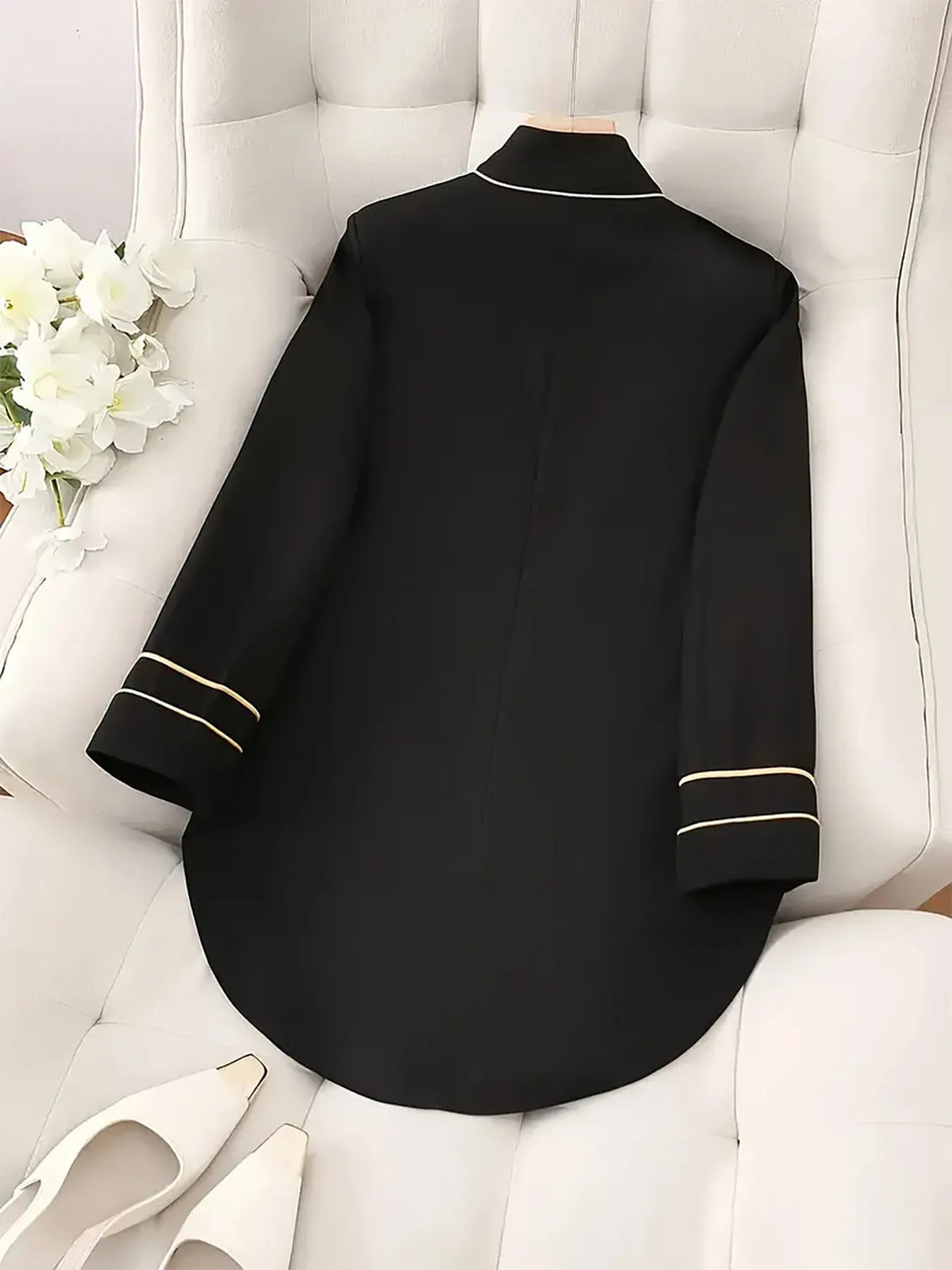 Decorative Button High-Low Blazer with Cuff Trim - Black - View 3