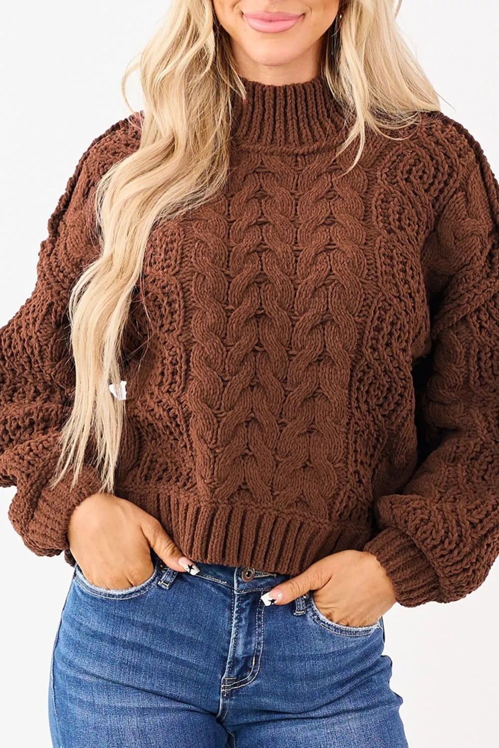 Mock Neck Cable Knit Sweater - Brown - View 2