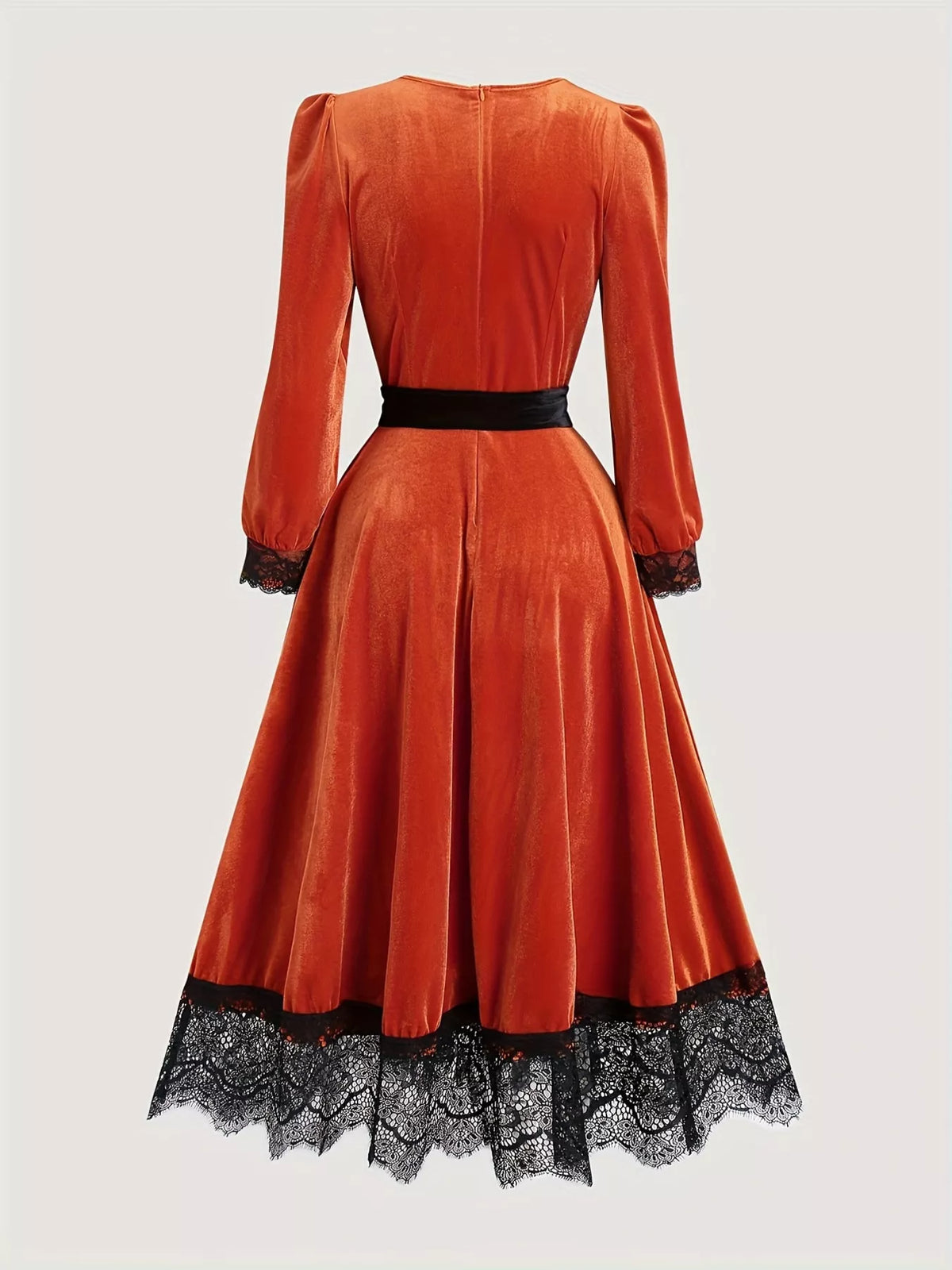Velvet V-Neck Lace Trim Midi Dress with Waist Tie - Orange Red - View 3