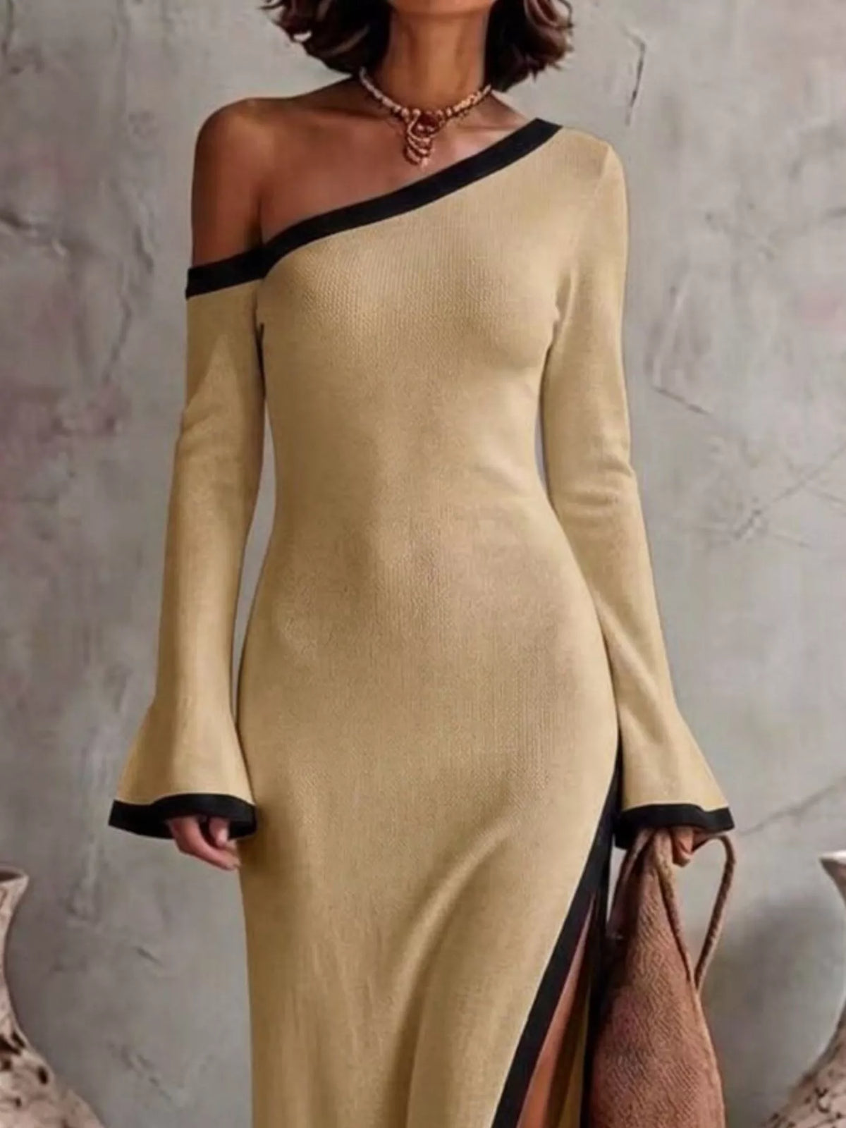Slit One-Shoulder Contrast Trim Maxi Dress - Tan - View 2
