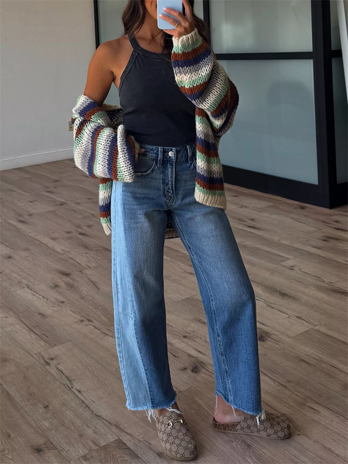 Multi-Color Striped Chunky Knit Open-Front Cardigan - Chocolate - View 4