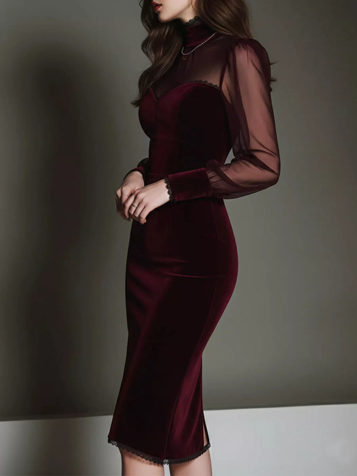Velvet Bodycon Dress with Sheer Mesh Sleeves - Burgundy - View 3