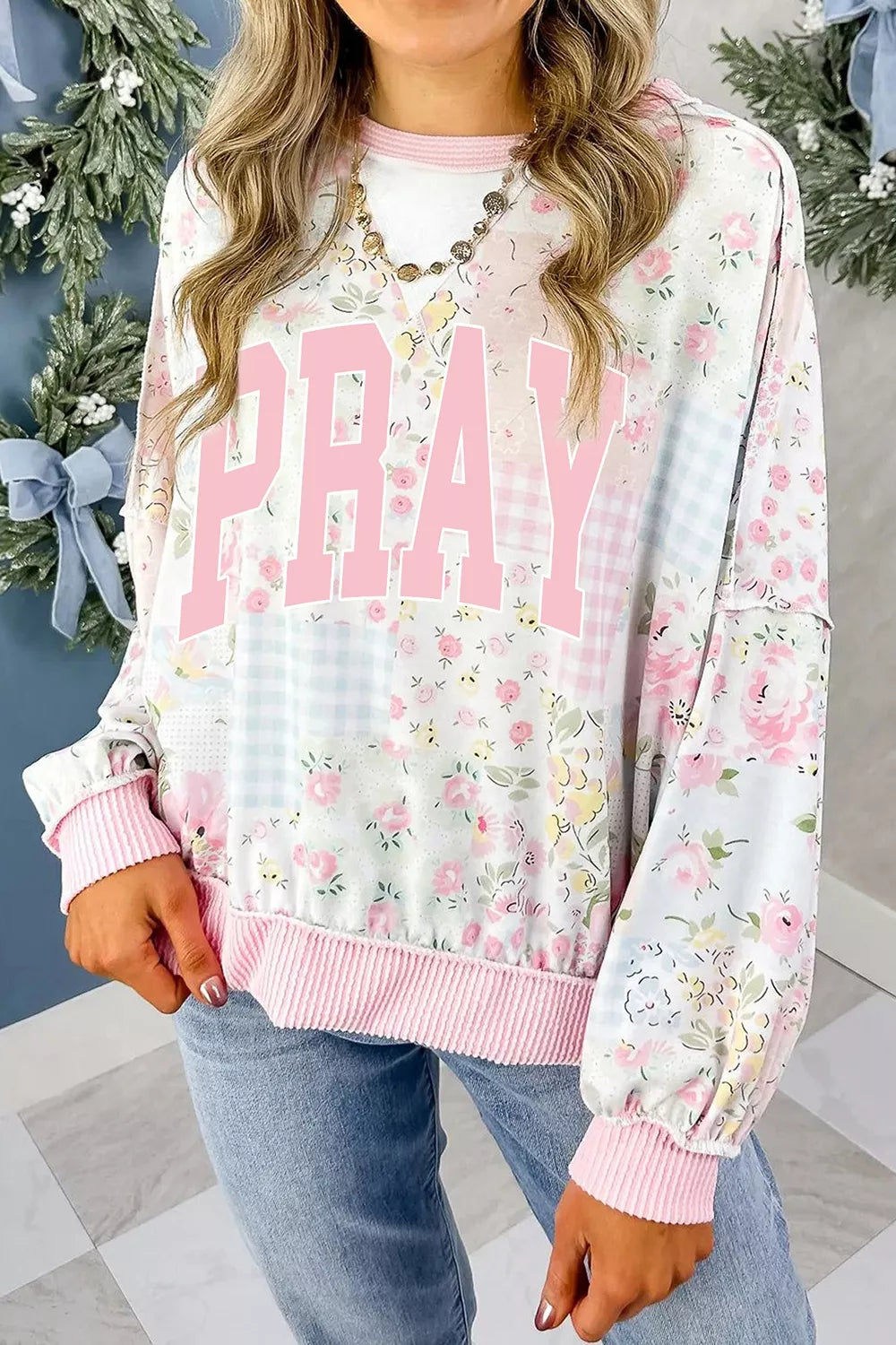 PRAY Graphic Floral Mixed Print Patchwork Top - Dusty Pink - View 3