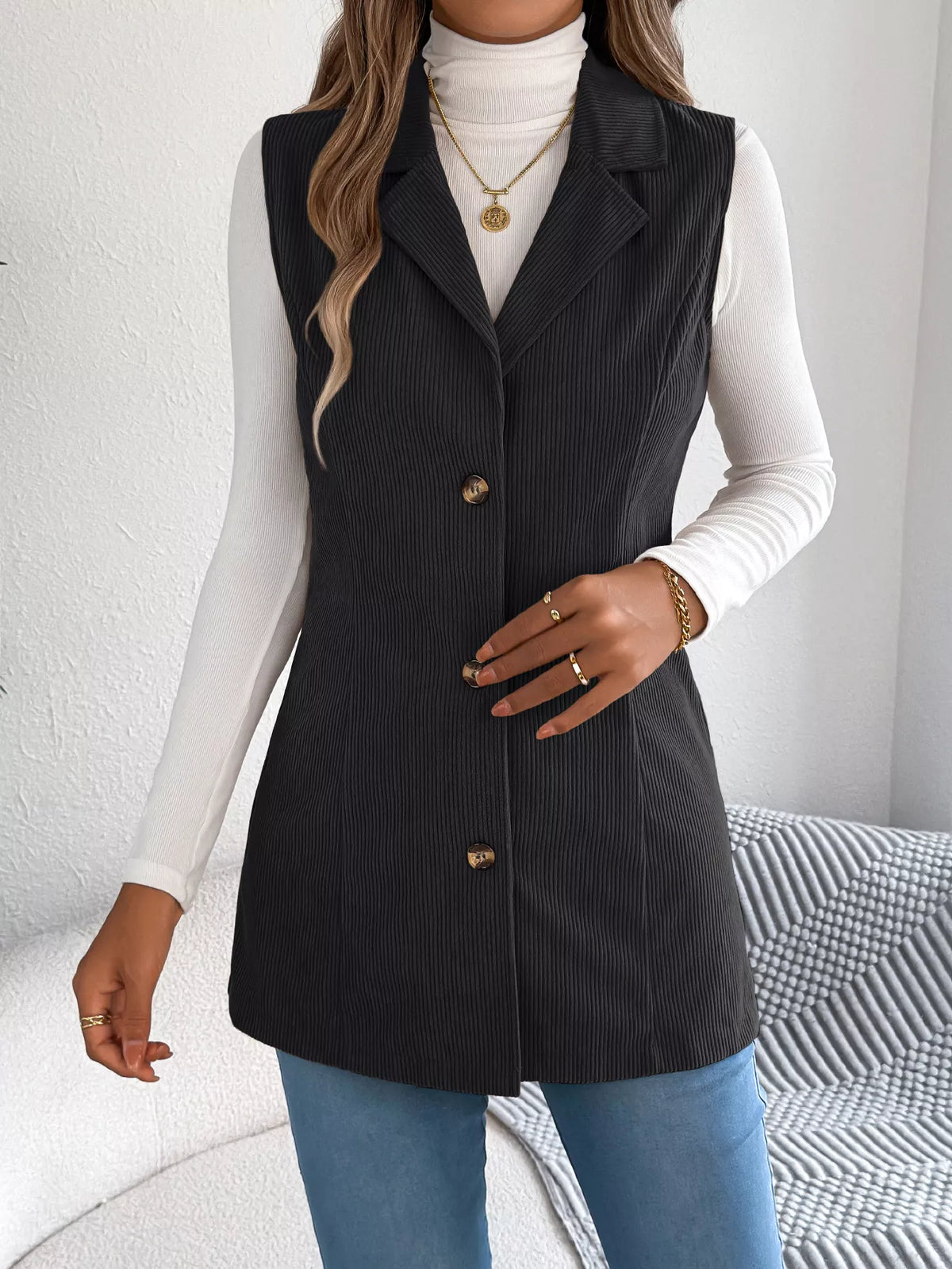 Button-Front Longline Vest Coat - Black - View 17