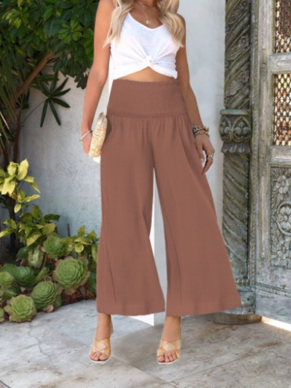 Wide-Leg Smocked Waist Pants - Light Brown - View 24