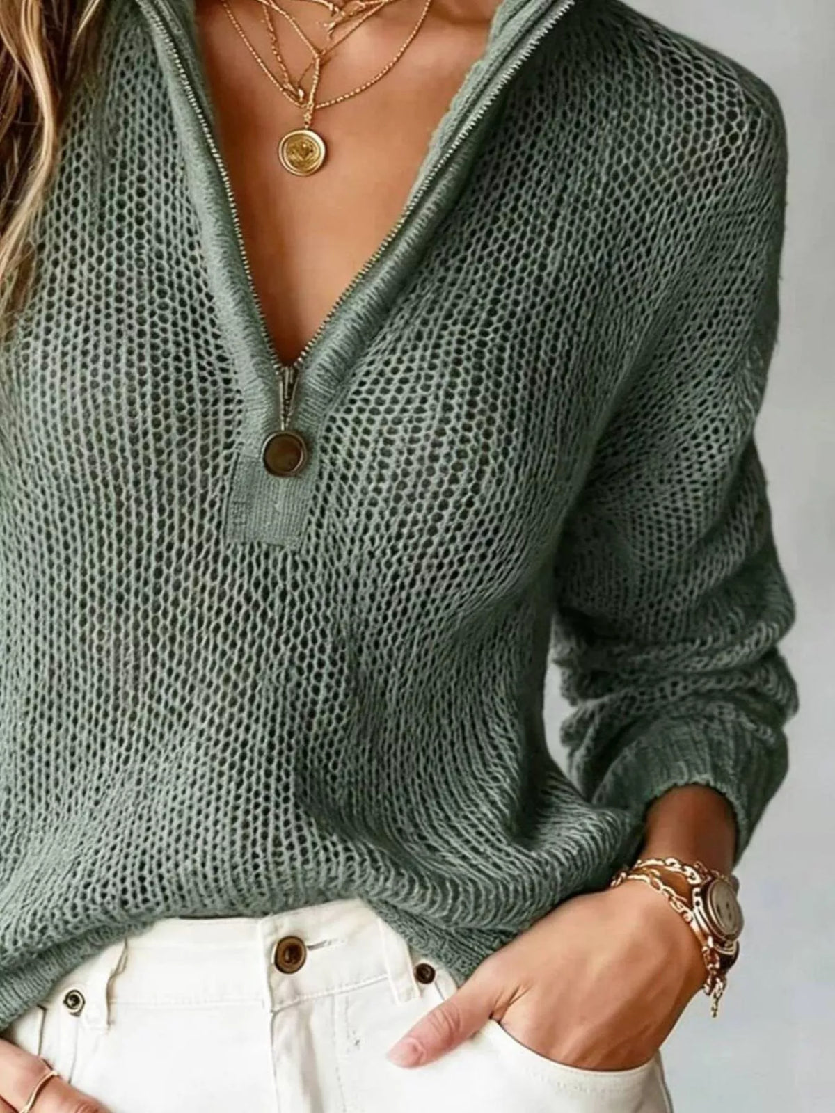 Half-Zip Dropped Shoulder Sweater - Army Green - View 3