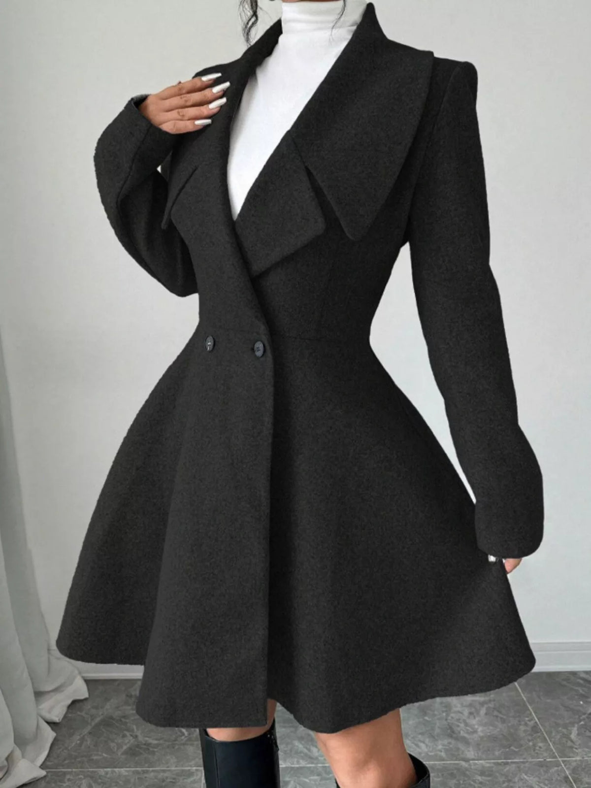 Double-Breasted Long Sleeve Outerwear - Black - View 3