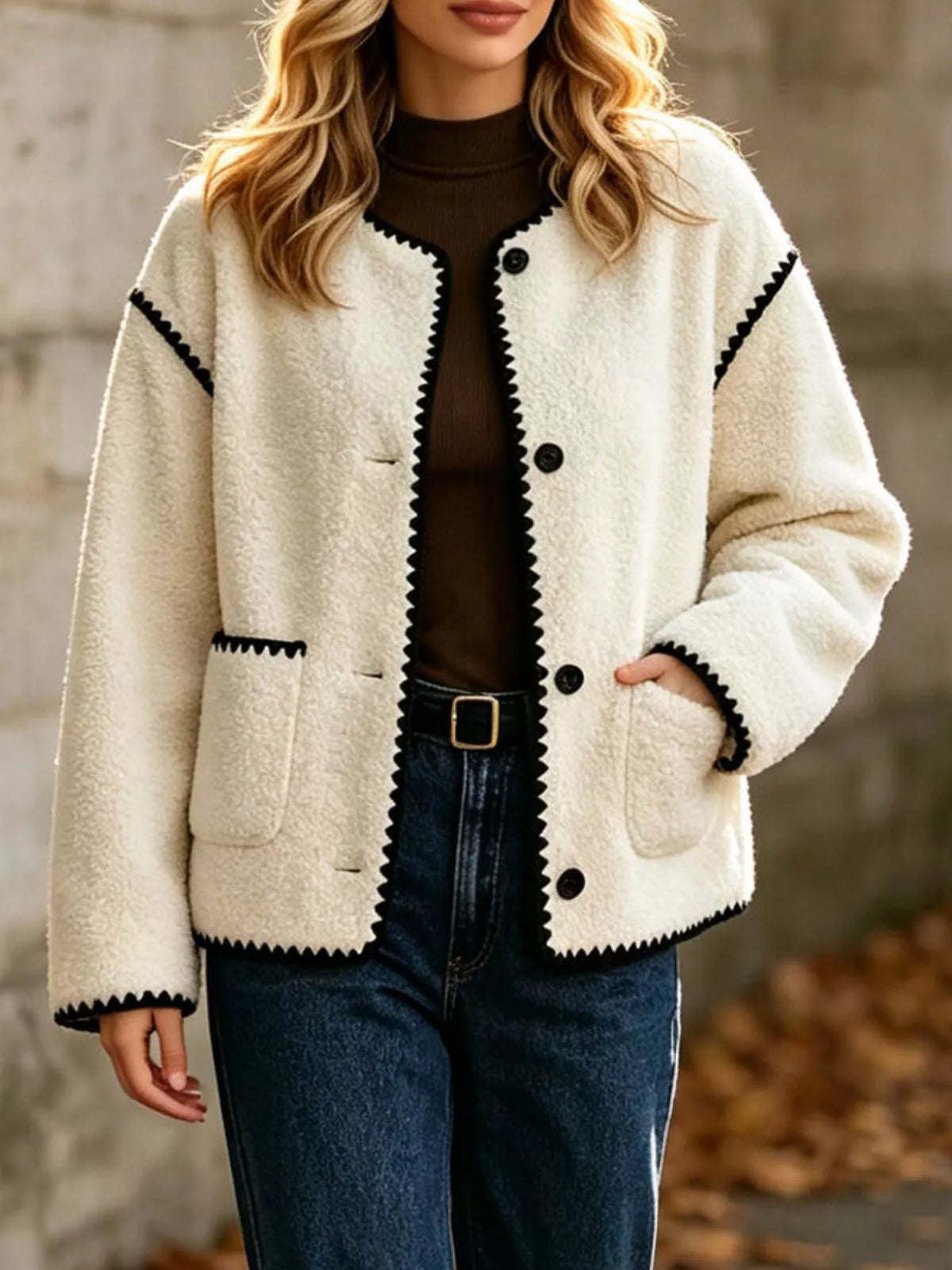Faux Shearling Contrast Trim Button-Down Outerwear - White - View 9