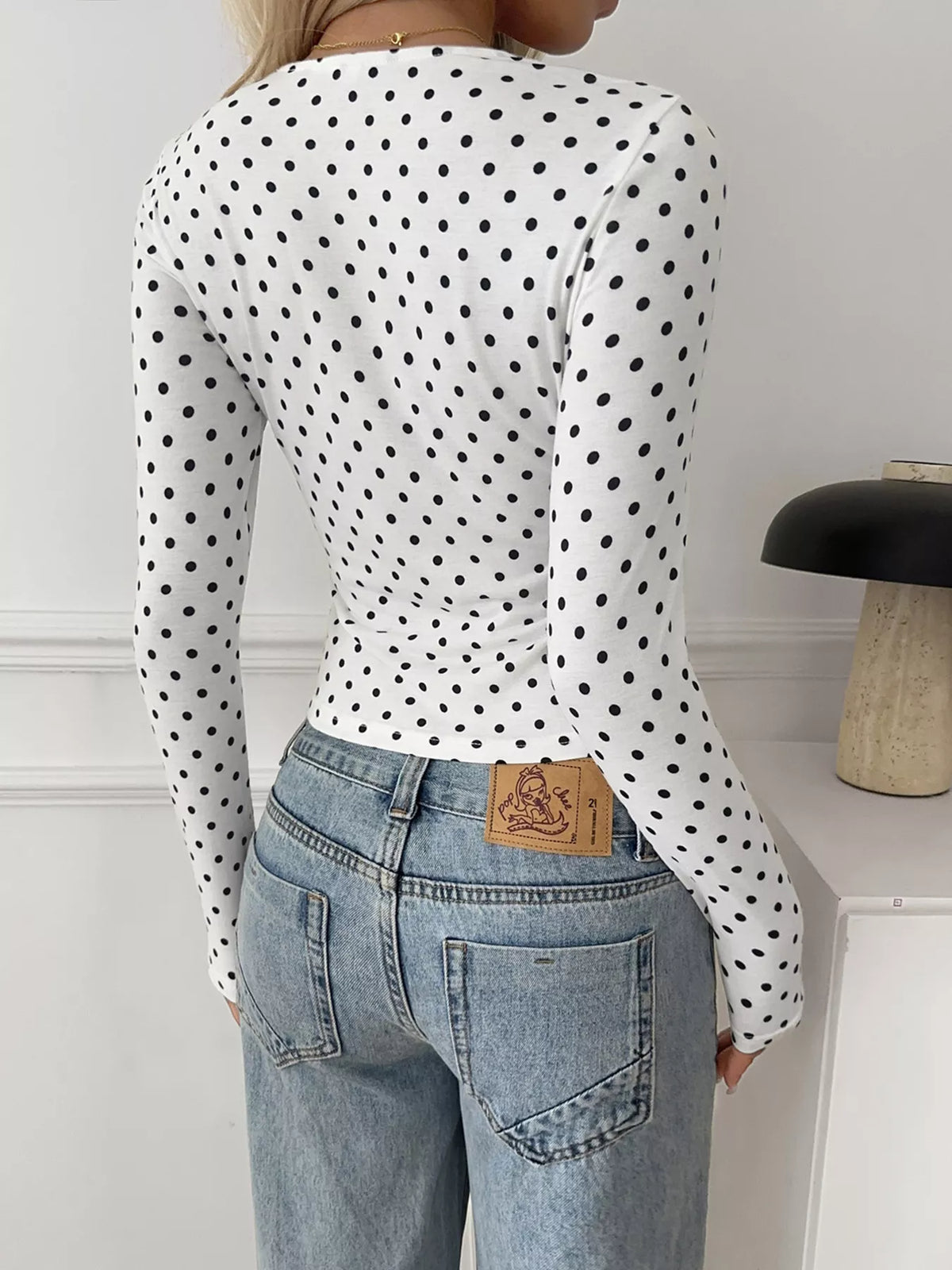 Polka Dot Lace Trim Ruched Long Sleeve T-Shirt - White - View 5