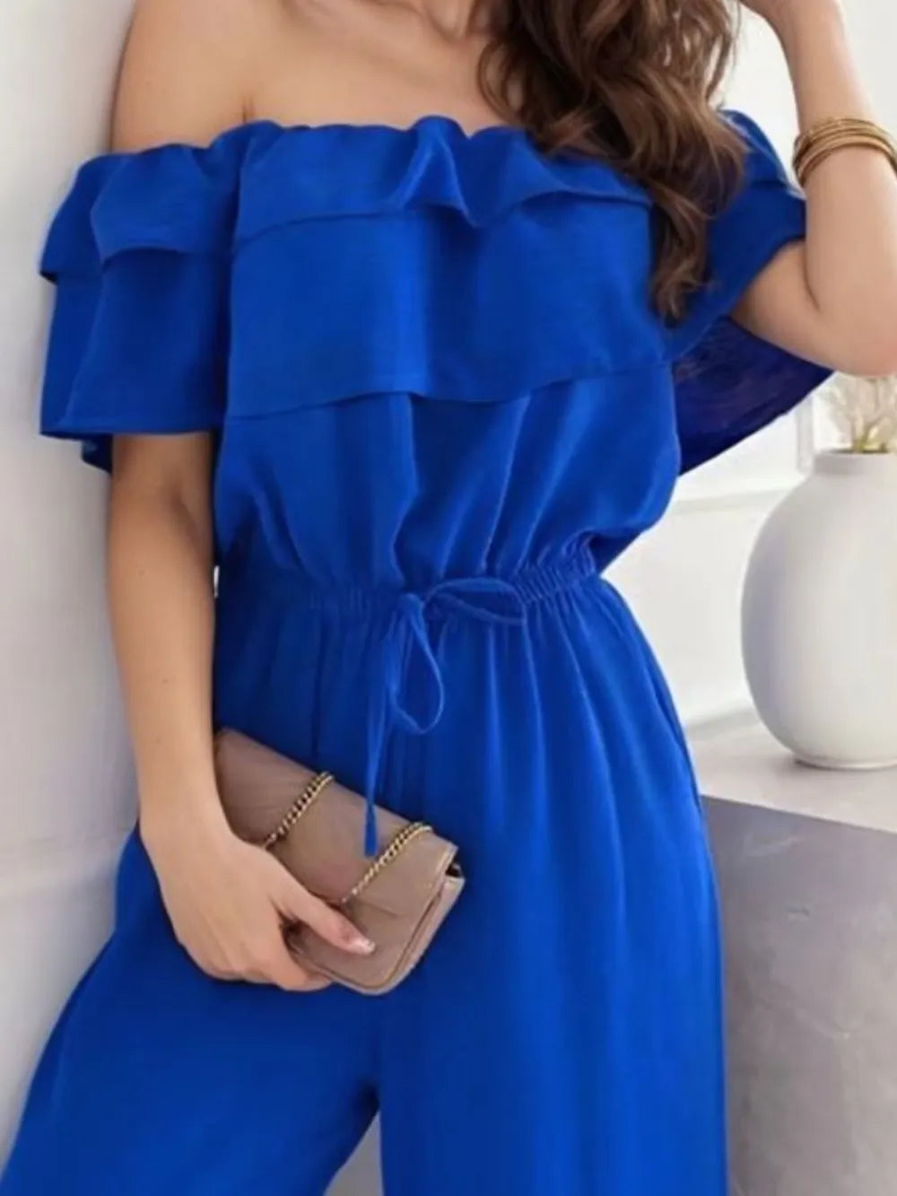 Ruffled Off-Shoulder Wide Leg Jumpsuit - Royal Blue - View 6