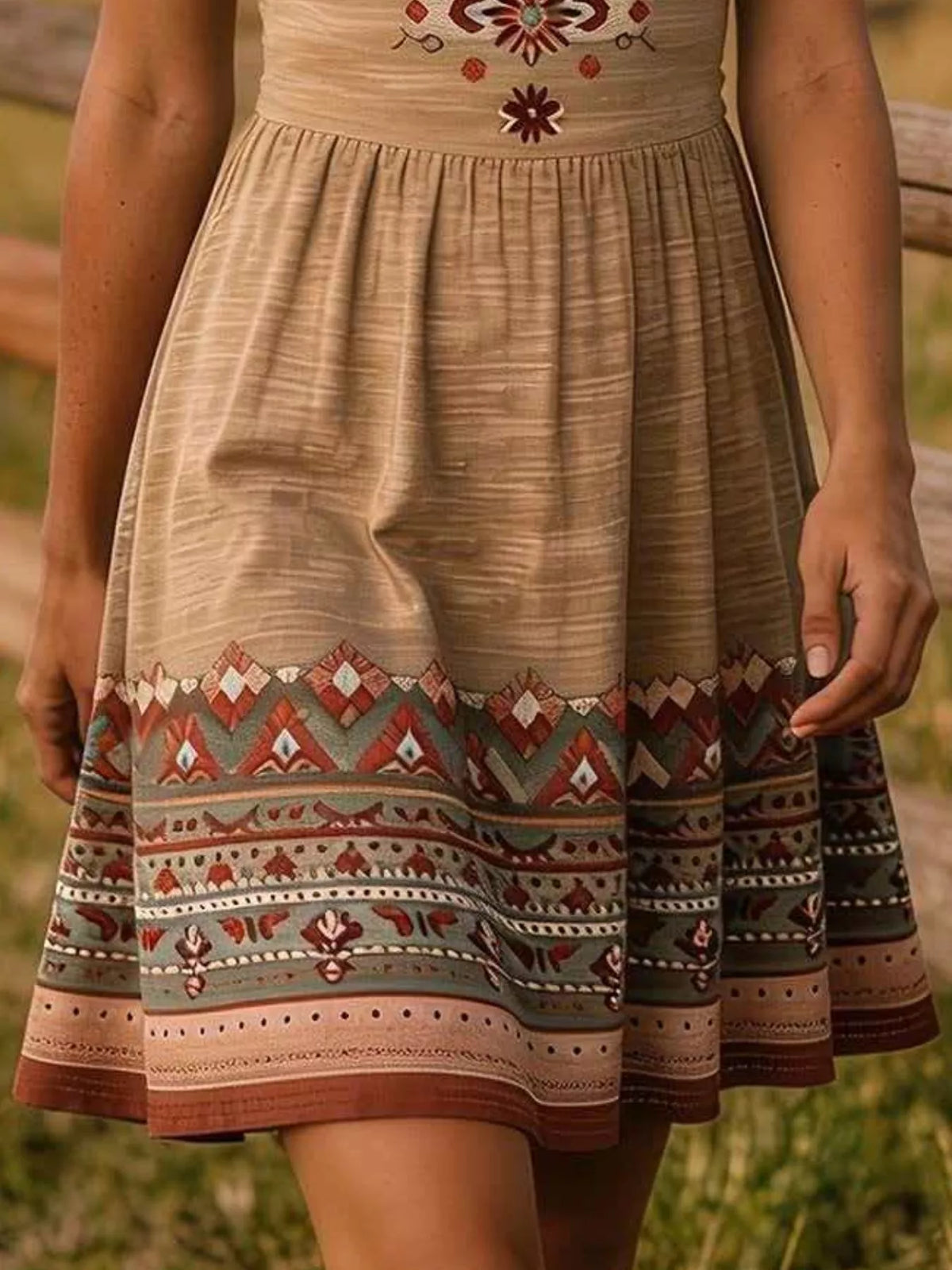 Tribal Print Sleeveless A-Line Summer Dress - Khaki - View 24