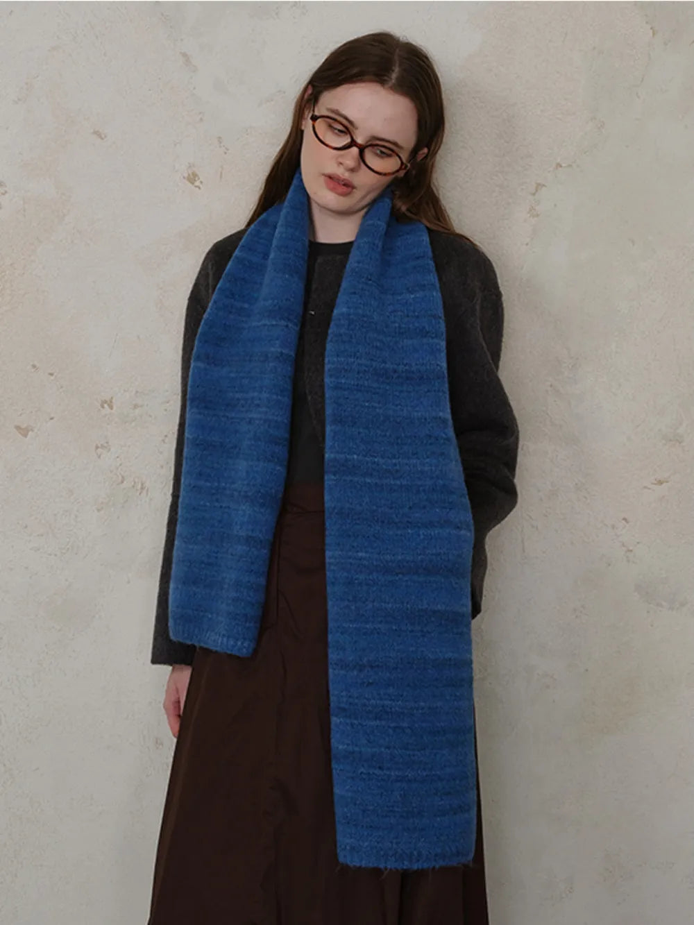 Striped Detail Knit Scarf - Royal Blue - View 14