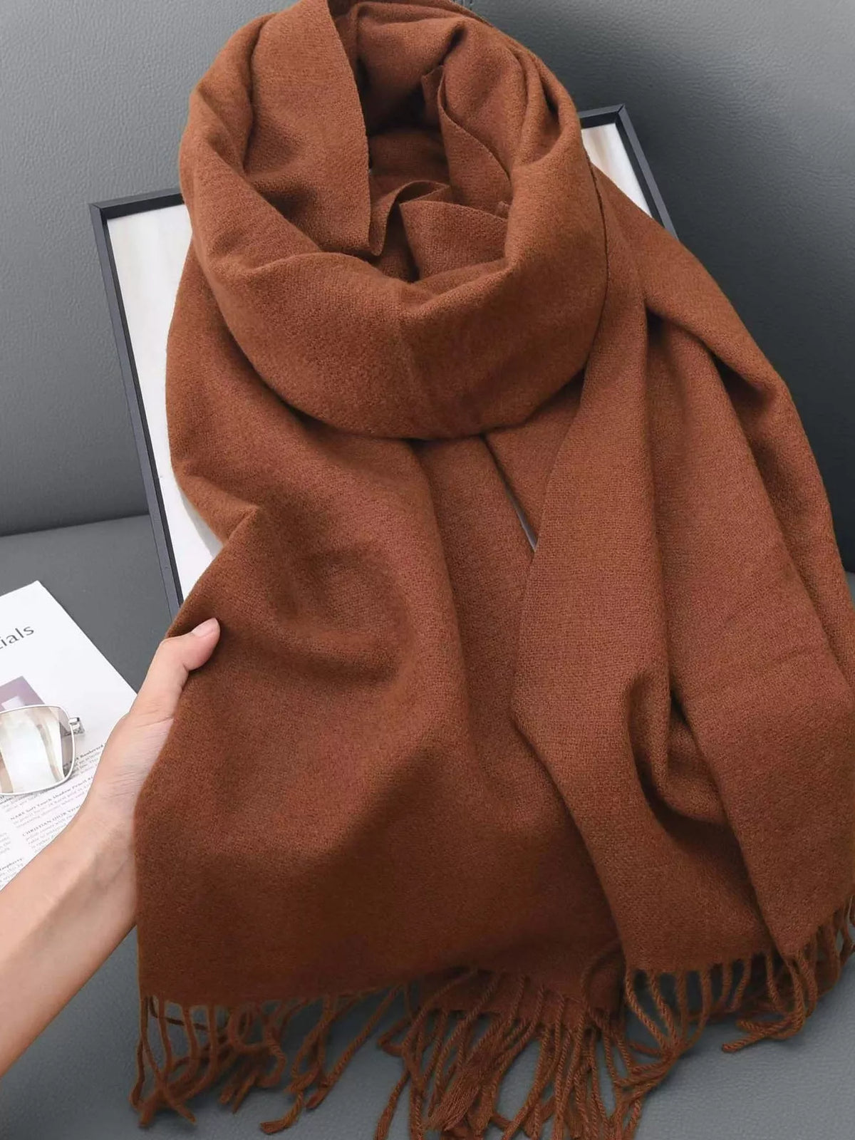 Solid Color Fringe Scarf - Coffee Brown - View 20