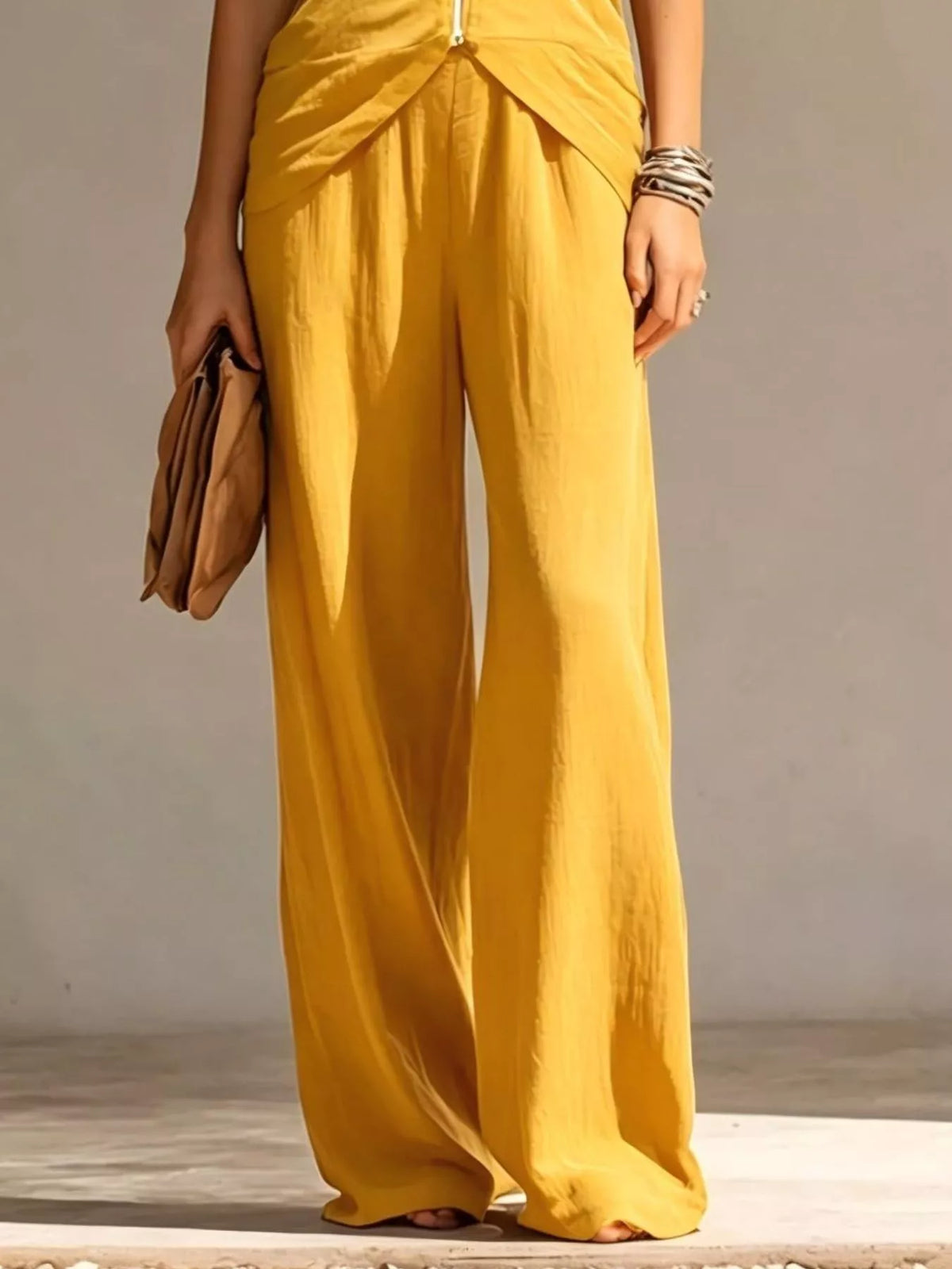 Full Size Zipper Front Tank and Wide-Leg Pants Set Plus Size - Yellow - View 3