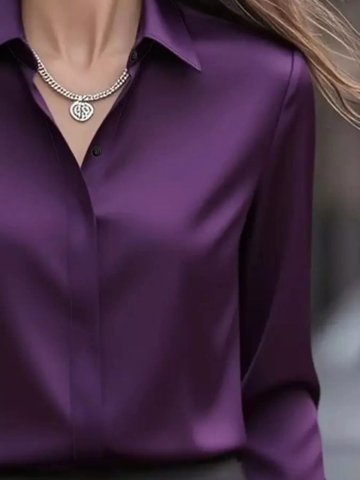 Button Down Collared Neck Long Sleeve Shirt - Purple - View 18