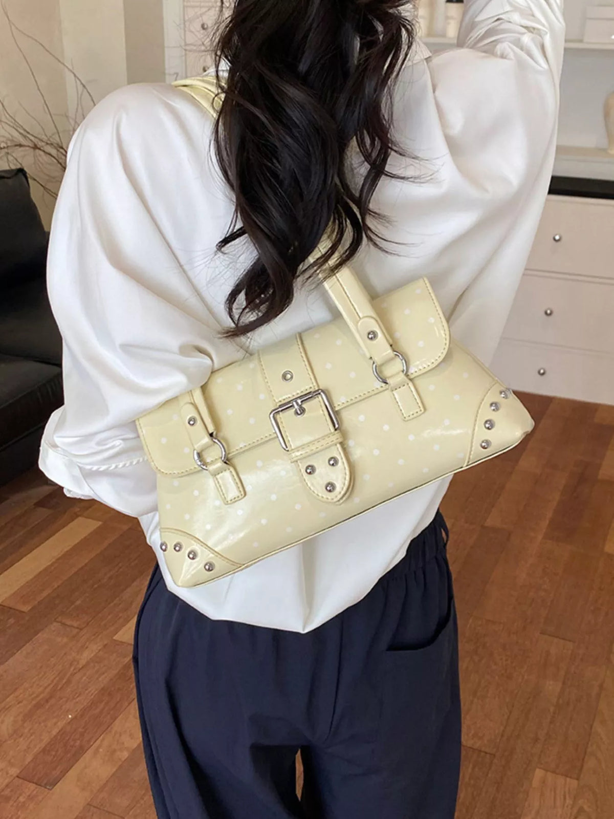 Polka Dot Studded Shoulder Bag - Light Yellow - View 10