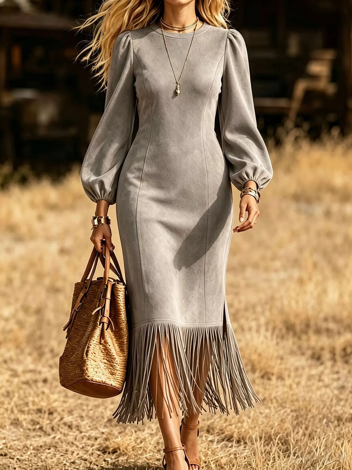 Fringe Balloon Sleeve Midi Dress - Gray - View 1