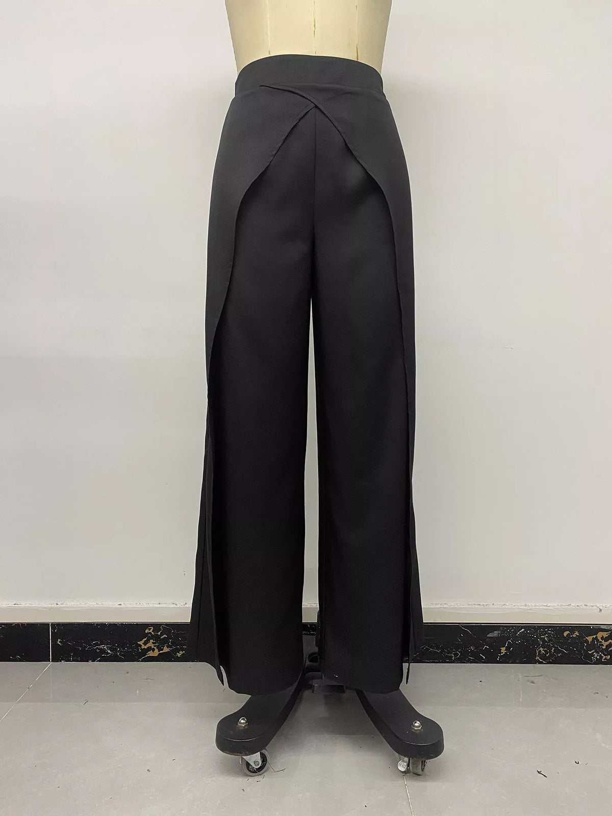 Wide-Leg Pants with Overlap Front Detail - Black - View 12