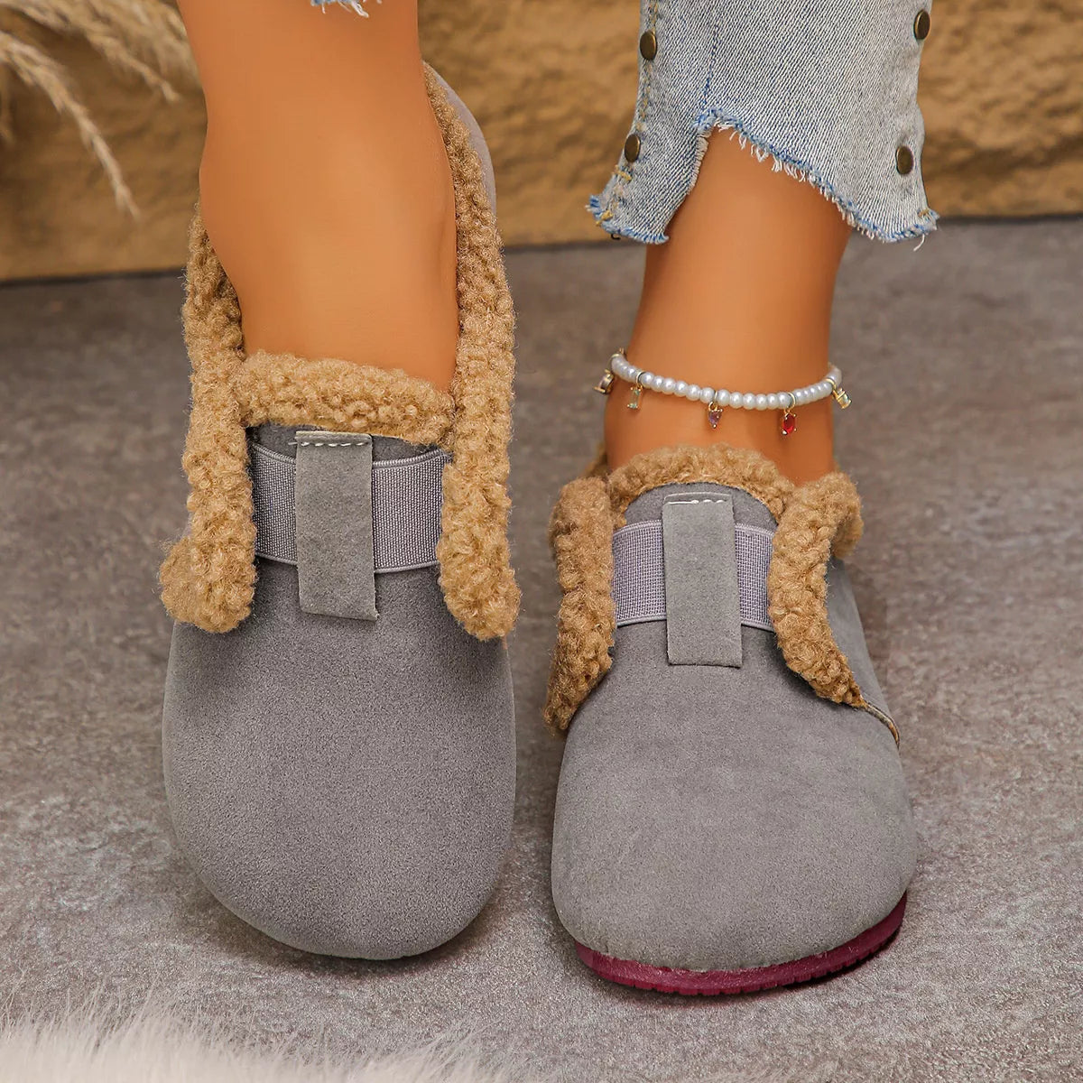 Faux Fur Lined Slip-Ons - Gray - View 1