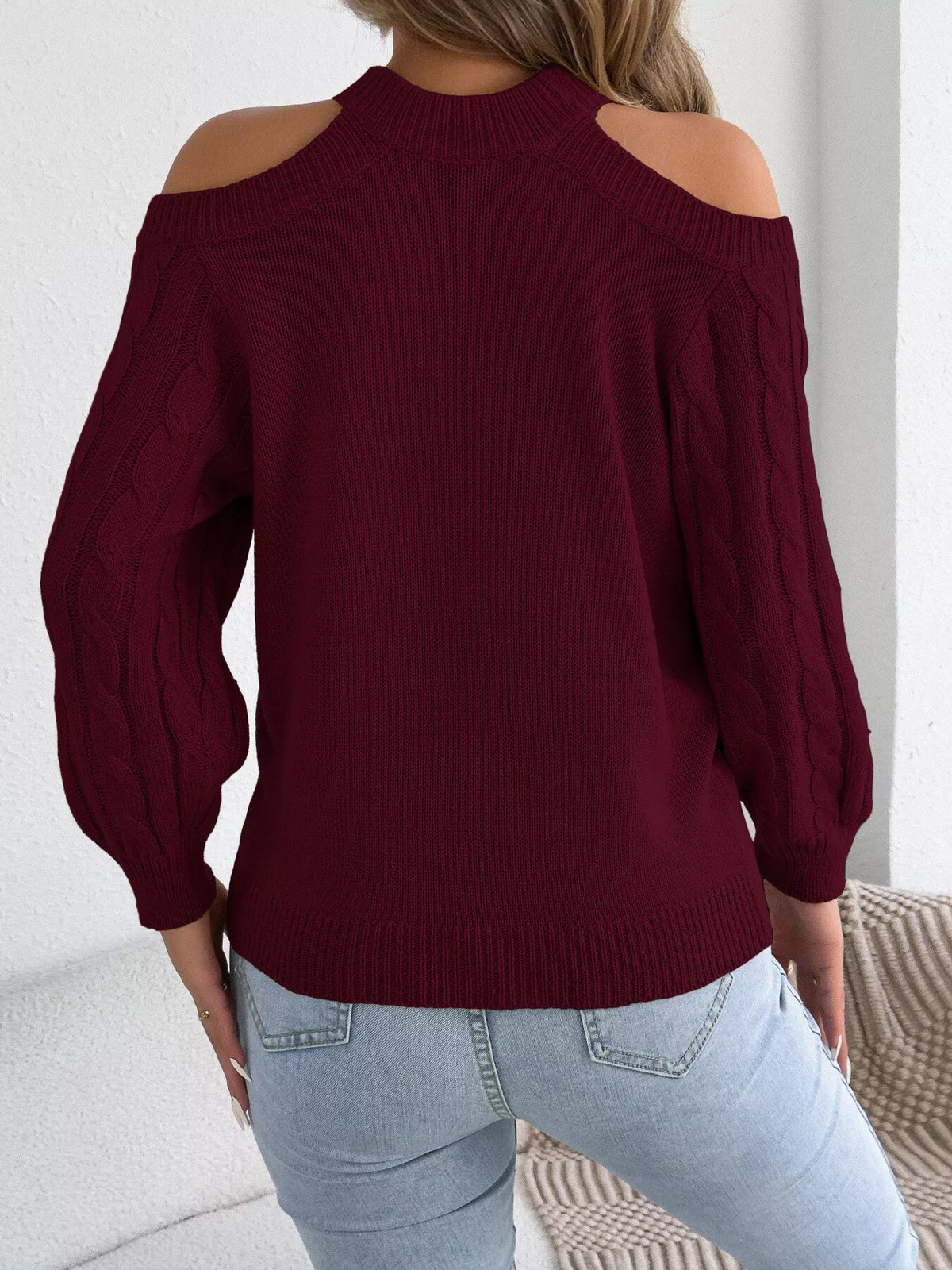 Cold Shoulder Cable Knit Sweater - Burgundy - View 7