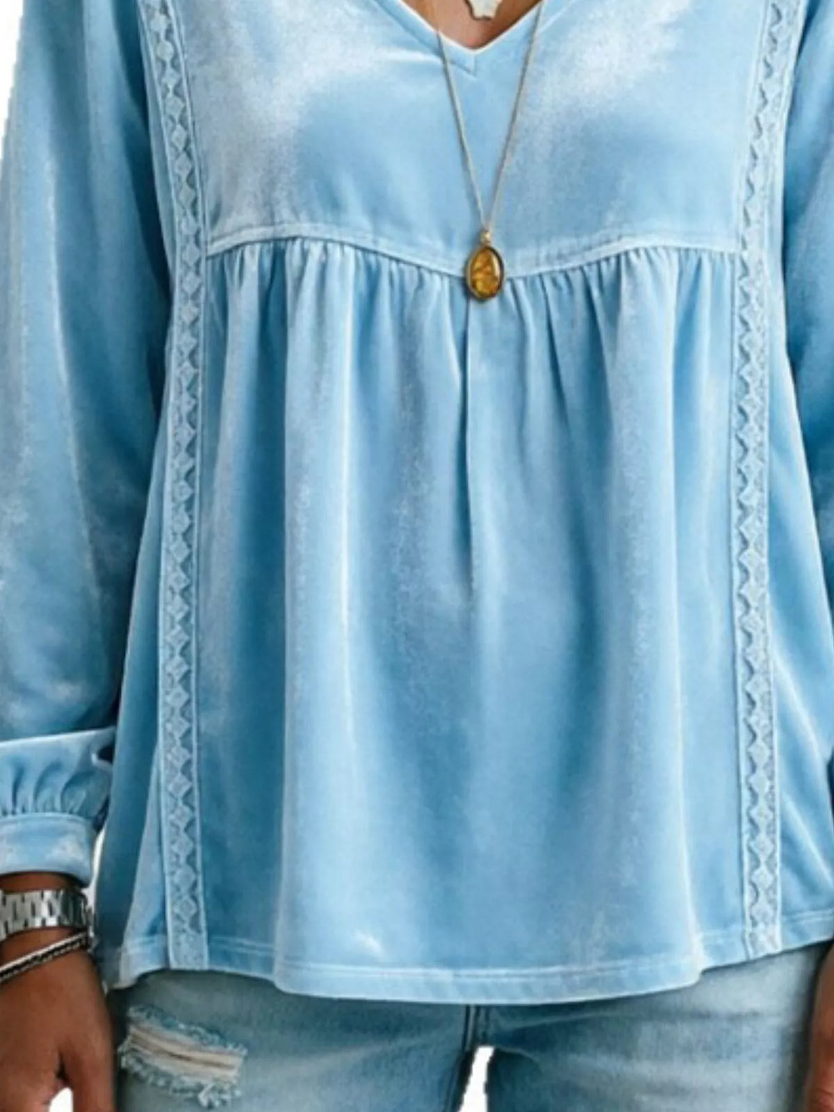 Full Size V-Neck Long Sleeve Velvet Blouse with Lace Trim Plus Size - Sky Blue - View 3