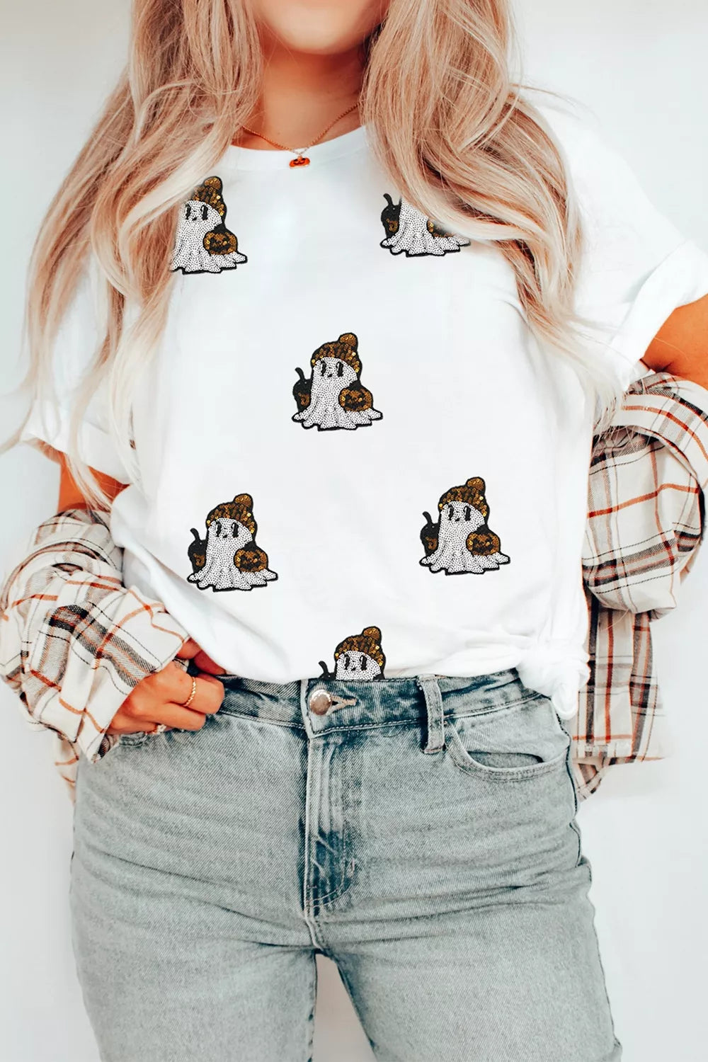 Full Size Halloween Sequin Ghost Print Short Sleeve Casual T-Shirt Plus Size - White - View 4