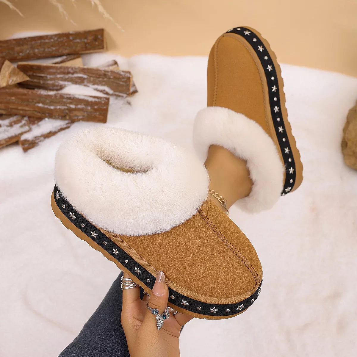 Faux Fur Lined Platform Ankle Boots - Brown - View 3