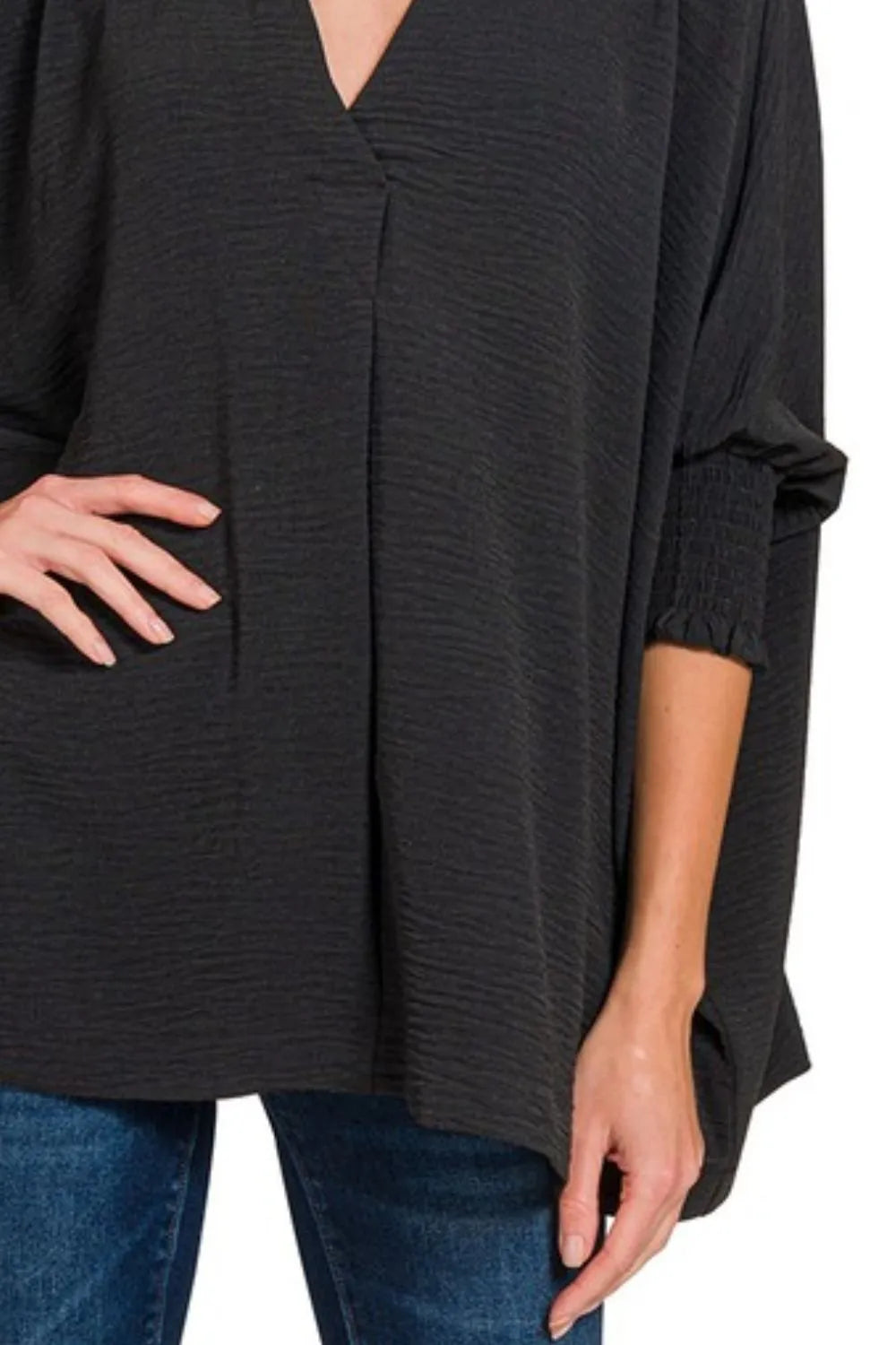Zenana Airflow Collar Tee with Smocked Sleeve Band Top - BLACK - View 3