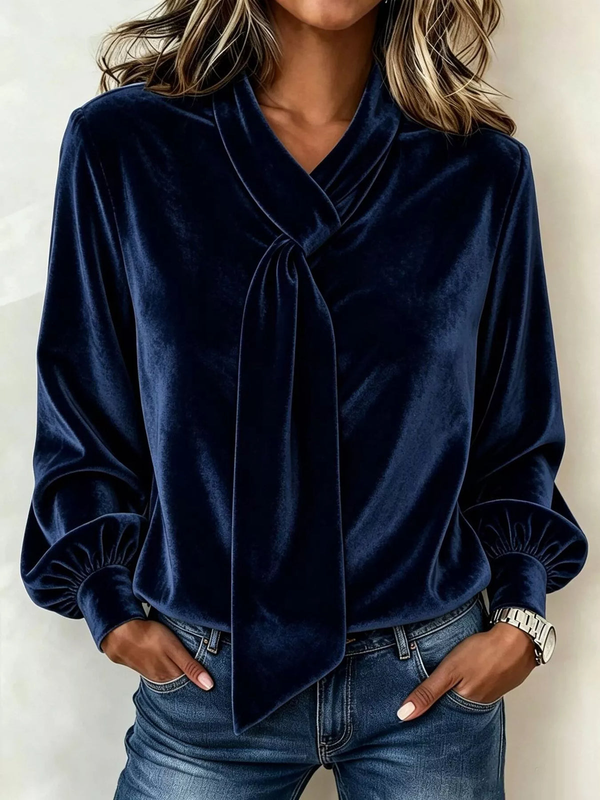 Full Size Velvet Tie-Neck Long Sleeve Blouse Plus Size - Navy - View 8
