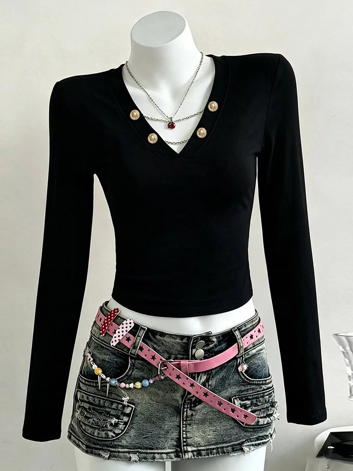 Decorative Pearl Buttons V-Neck Long Sleeve T-Shirt - Black - View 4