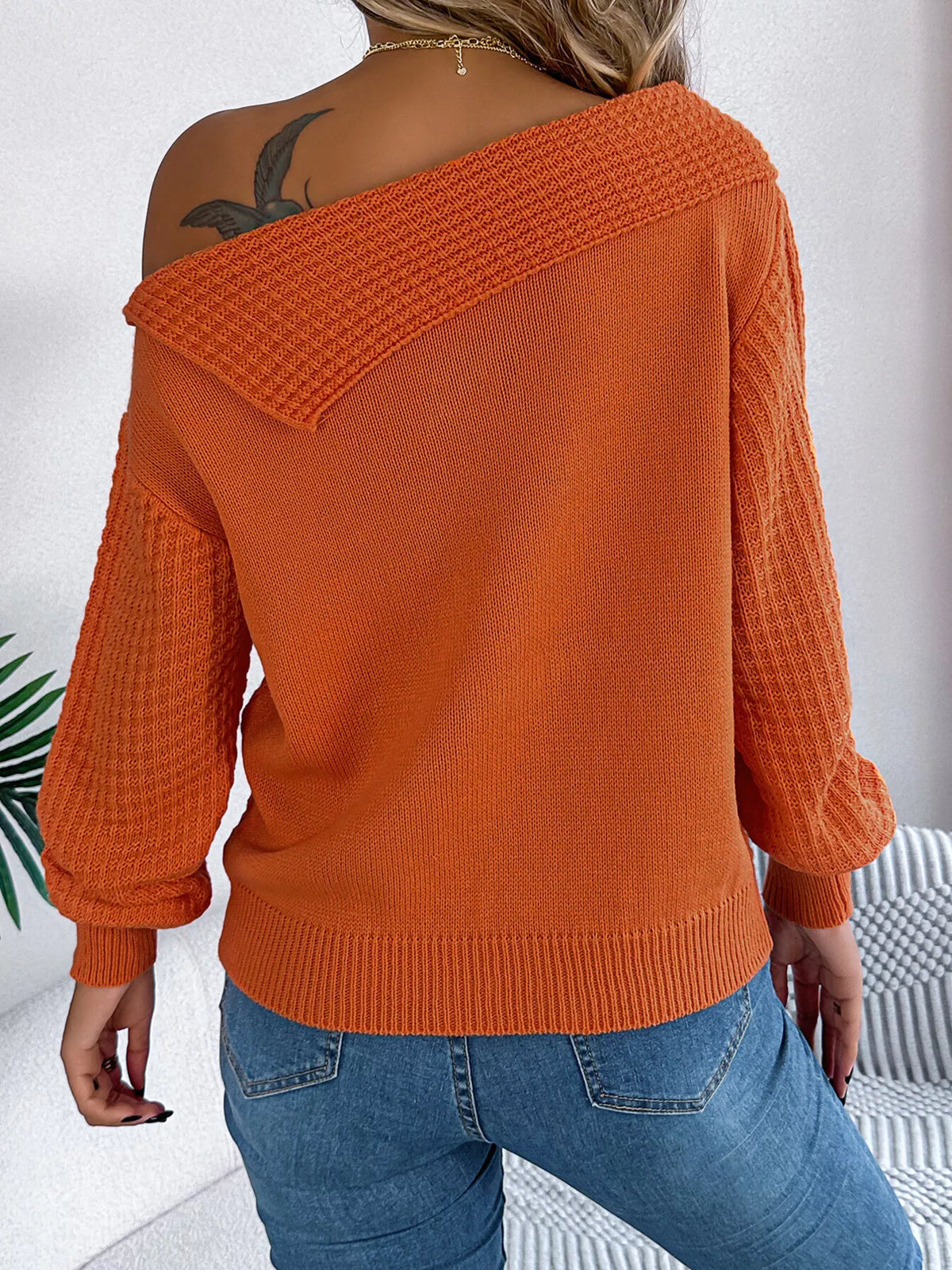 One Shoulder Cable Knit Sweater - Orange - View 7