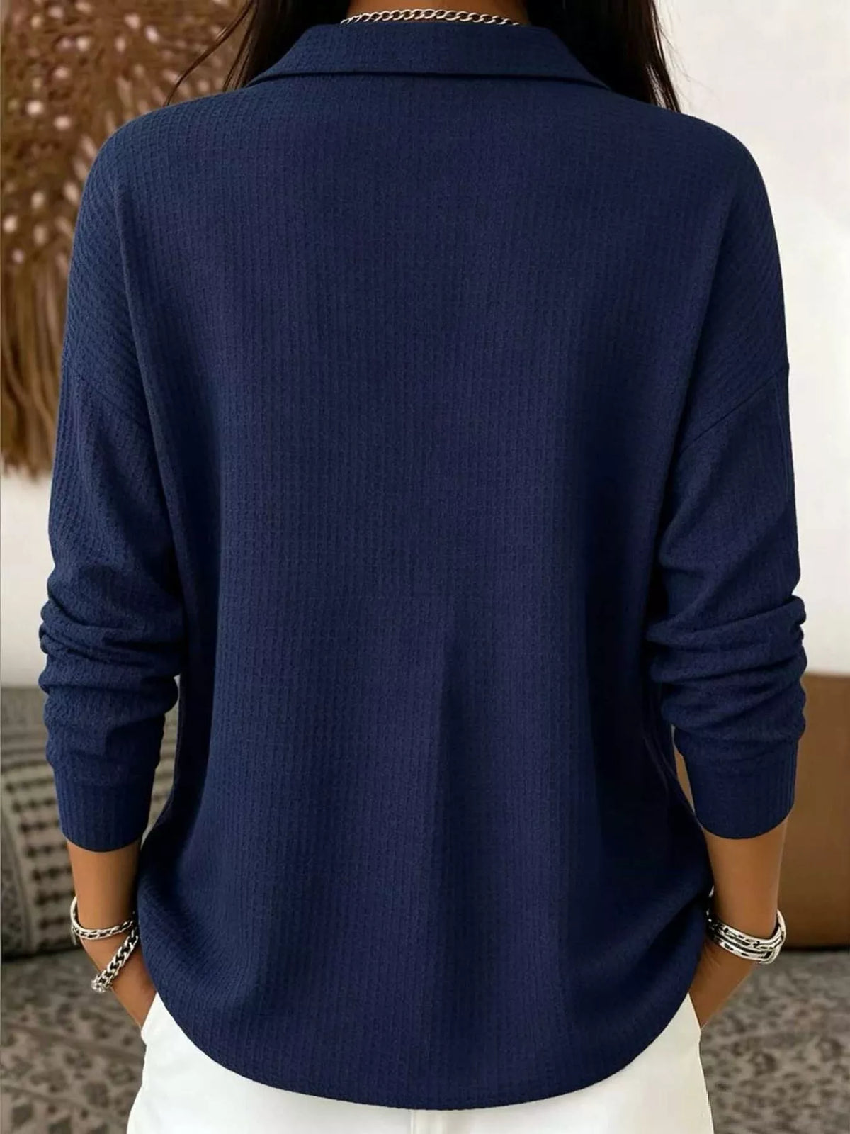 Waffle Knit Snap Down Blouse - Navy Blue - View 10