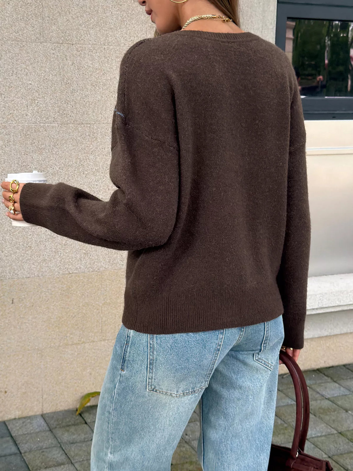 Argyle Pattern V-Neck Knit Sweater - Brown - View 5