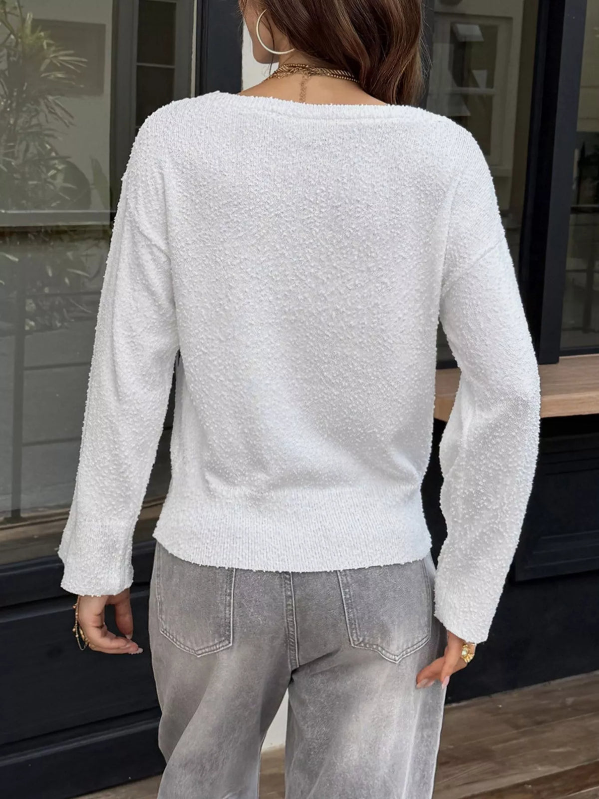 Boat Neck Dropped Shoulder Sweater - White - View 5