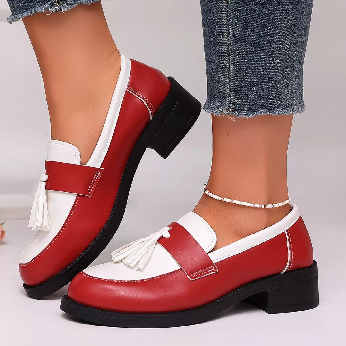 Round Toe Block Heels Loafers - Red - View 10