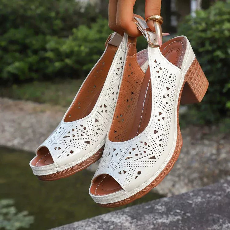 Open Toe Block Heels Sandals - Cream White - View 7