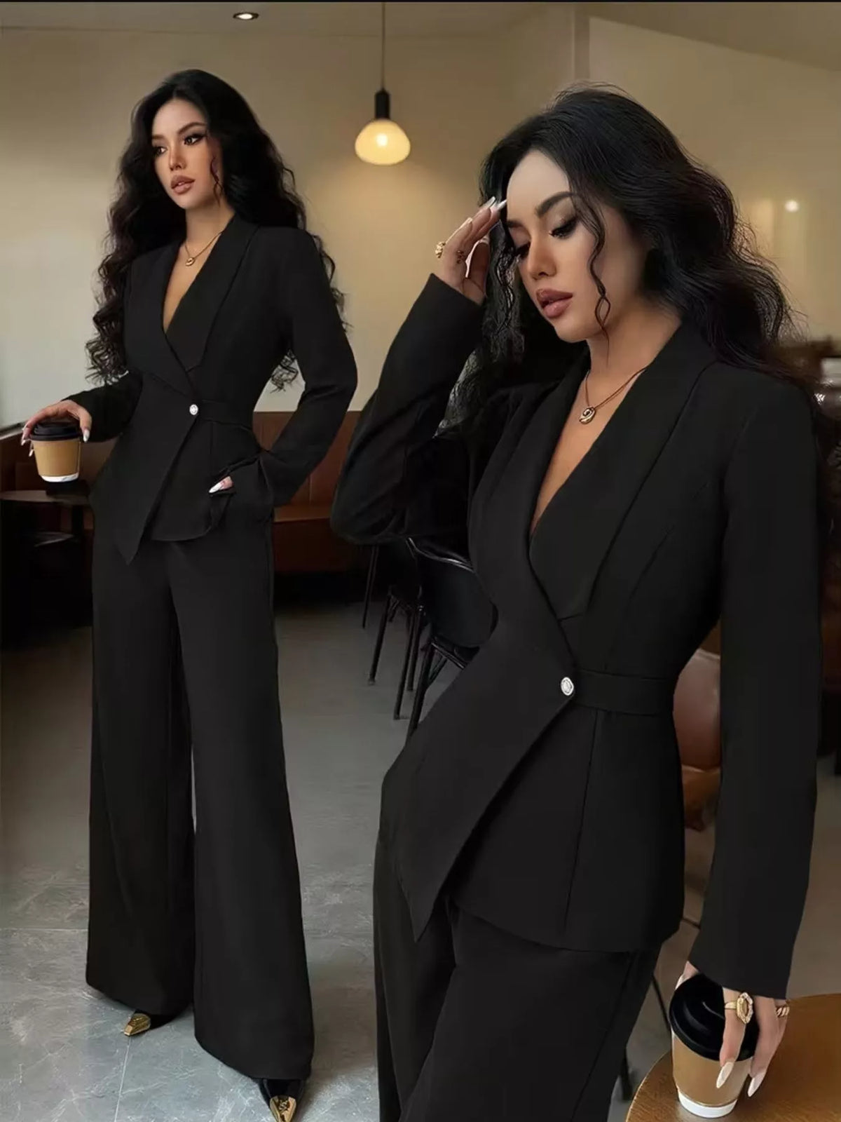 One Button Blazer and Pants Set - Black - View 35