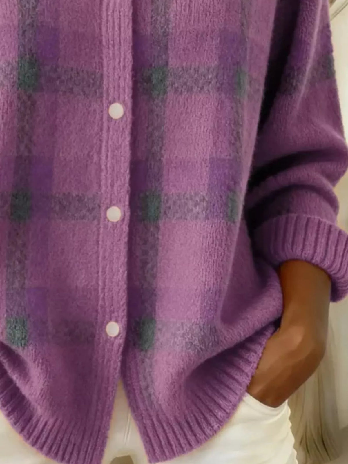 Full Size Plaid Button-Down Knit Cardigan Plus Size - Light Purple - View 18