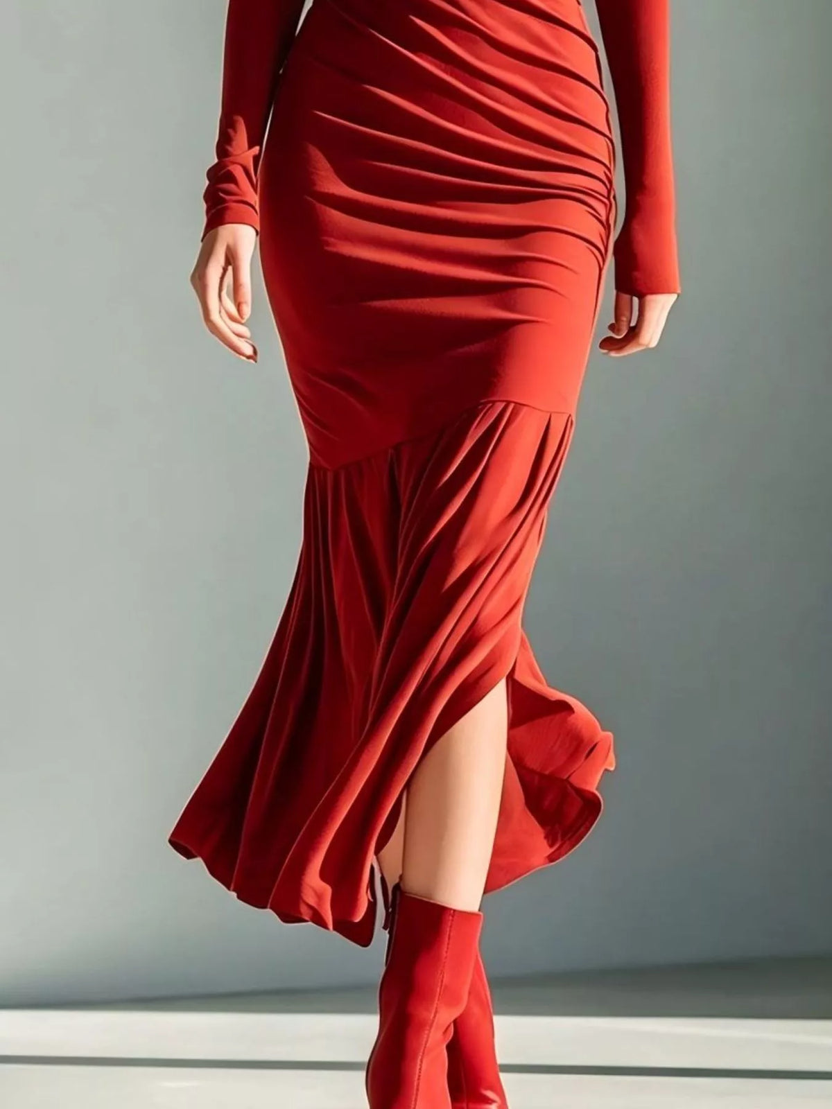 Full Size Slit Turtleneck Ruched Bodycon Mermaid Dress Plus Size - Red - View 3