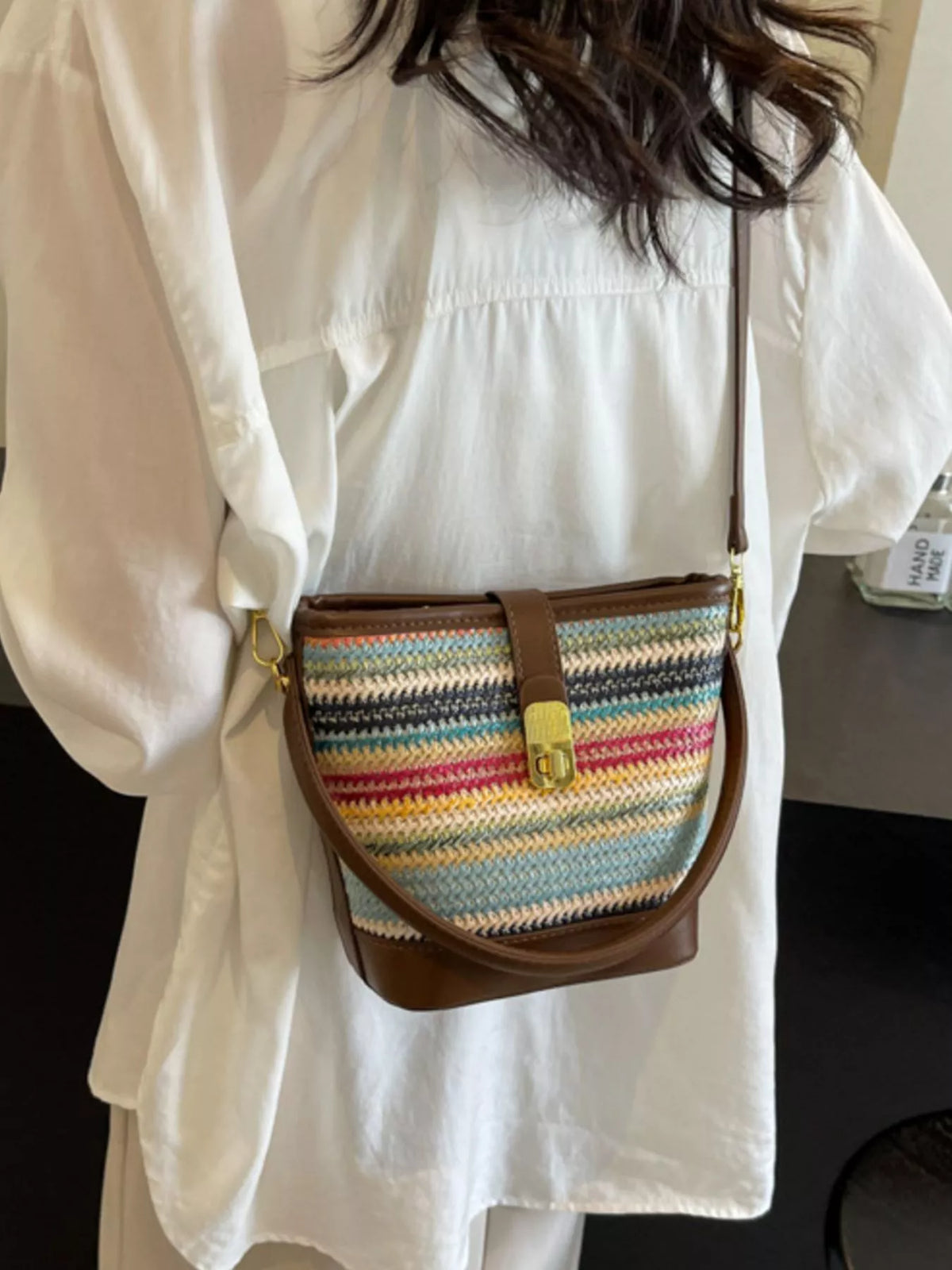 Striped Bucket Crossbody Bag - Brown - View 7